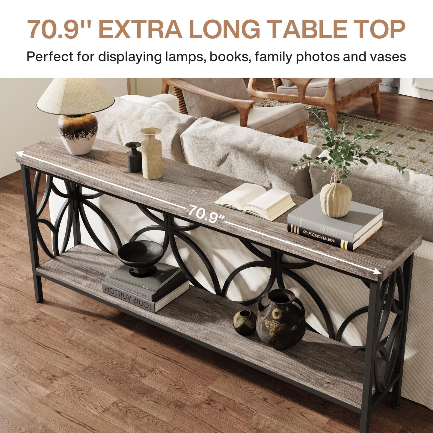 Tribesigns 70.9-Inch Narrow Sofa Table, Industrial Long Sofa Table Behind Couch, Entry Console Table with Storage for Entryway, Living Room, Foyer, Unique Design, Rustic Brown
