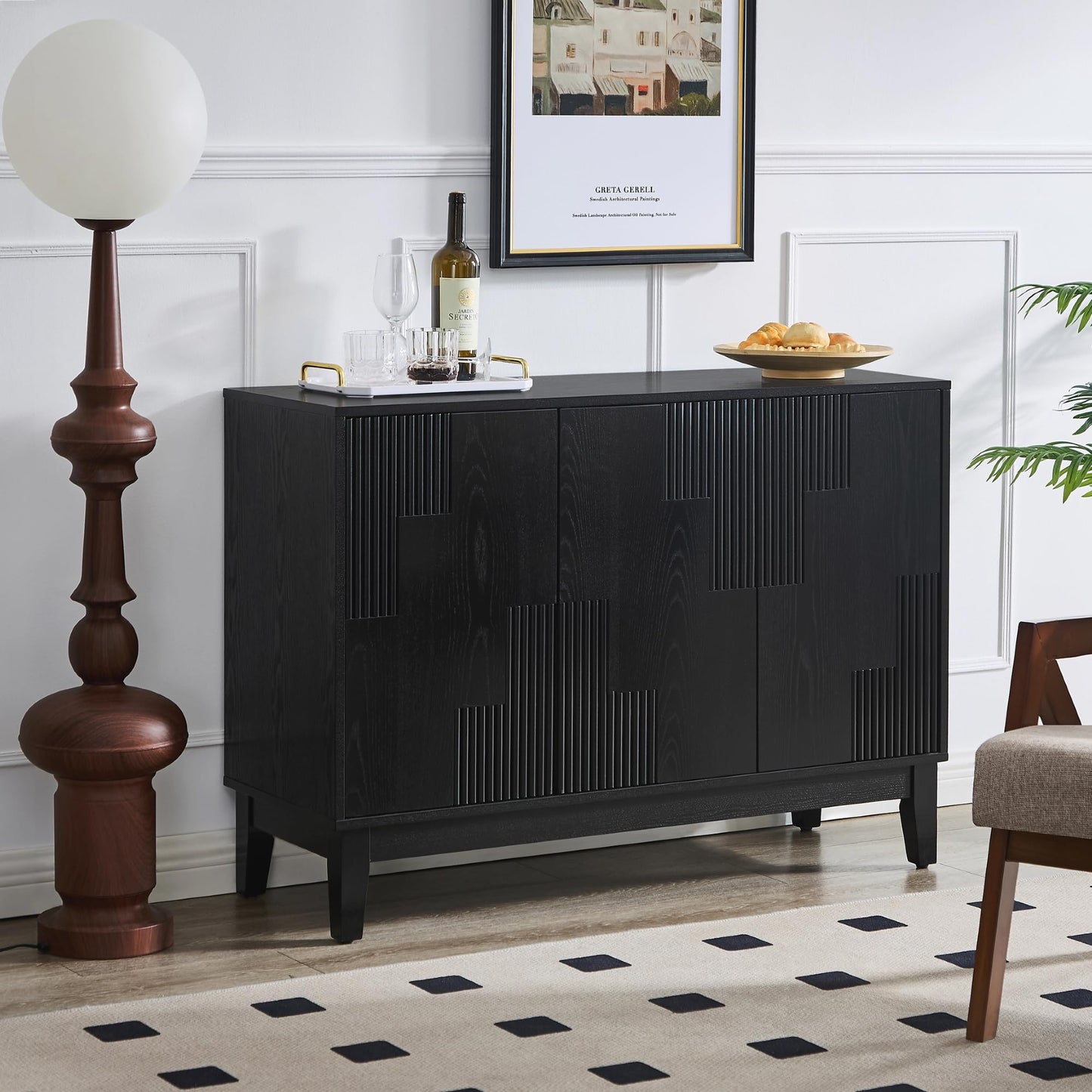 LKTART 40" Sideboard Buffet Accent Storage Cabinet with Carved Pattern Side Board Solid Wood Frame for Kitchen, Living Room, Entryway,Hallway (Blue+Brown)