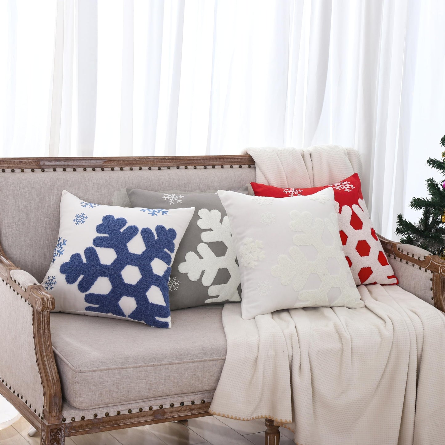 VAKADO Christmas Throw Pillow Covers 18x18 Set of 2 Embroidered Snowflake Decorative Xmas Cushion Cases Holiday Soft Home Decor for Bedroom Sofa Chair Porch Winter, Blue