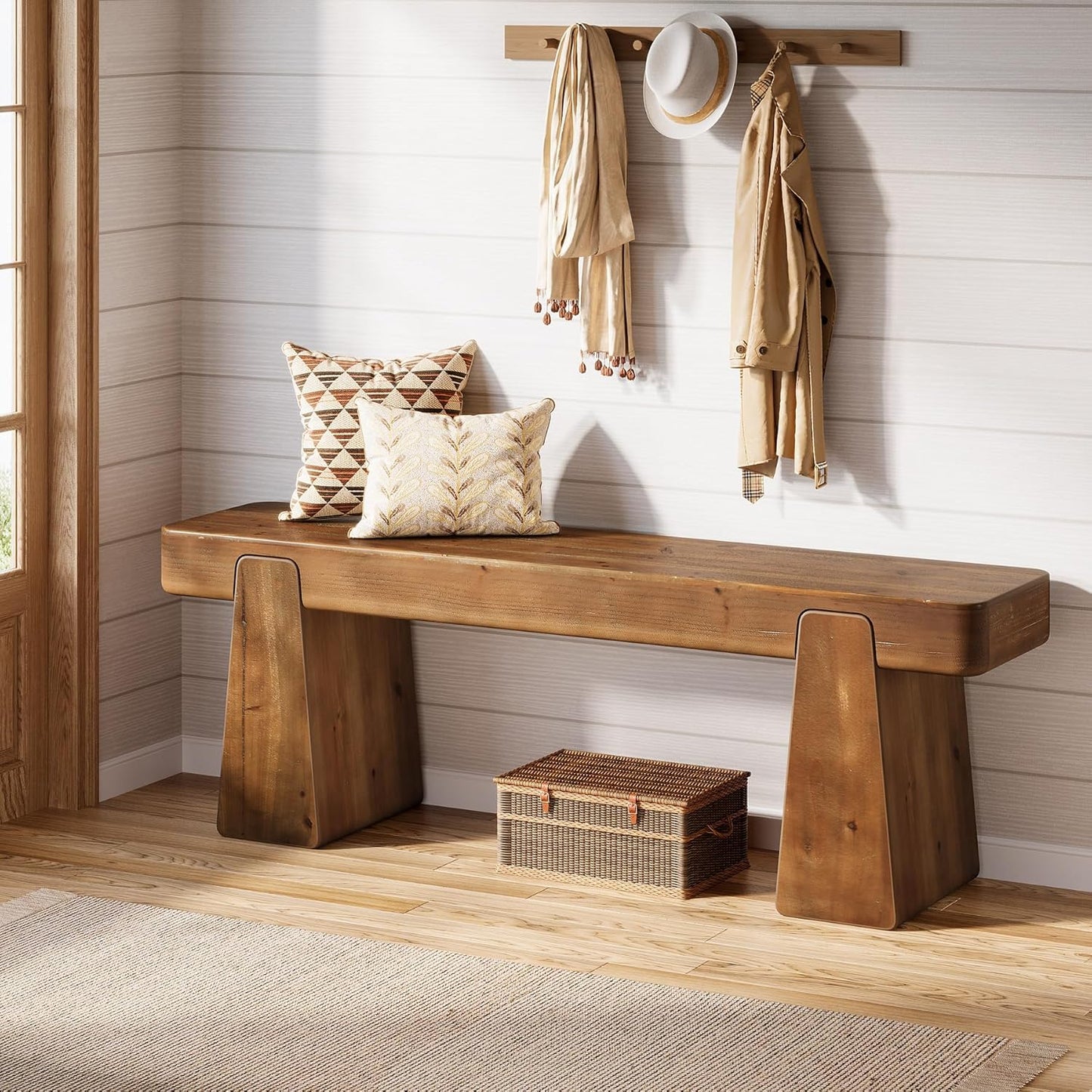 Solid Wood Bench, 47-Inch Farmhouse Wood Entryway Bench with Thickened Legs, Narrow Indoor Wooden Bench for Entry, Hallway, Living Room, End of Bed, Dark Brown