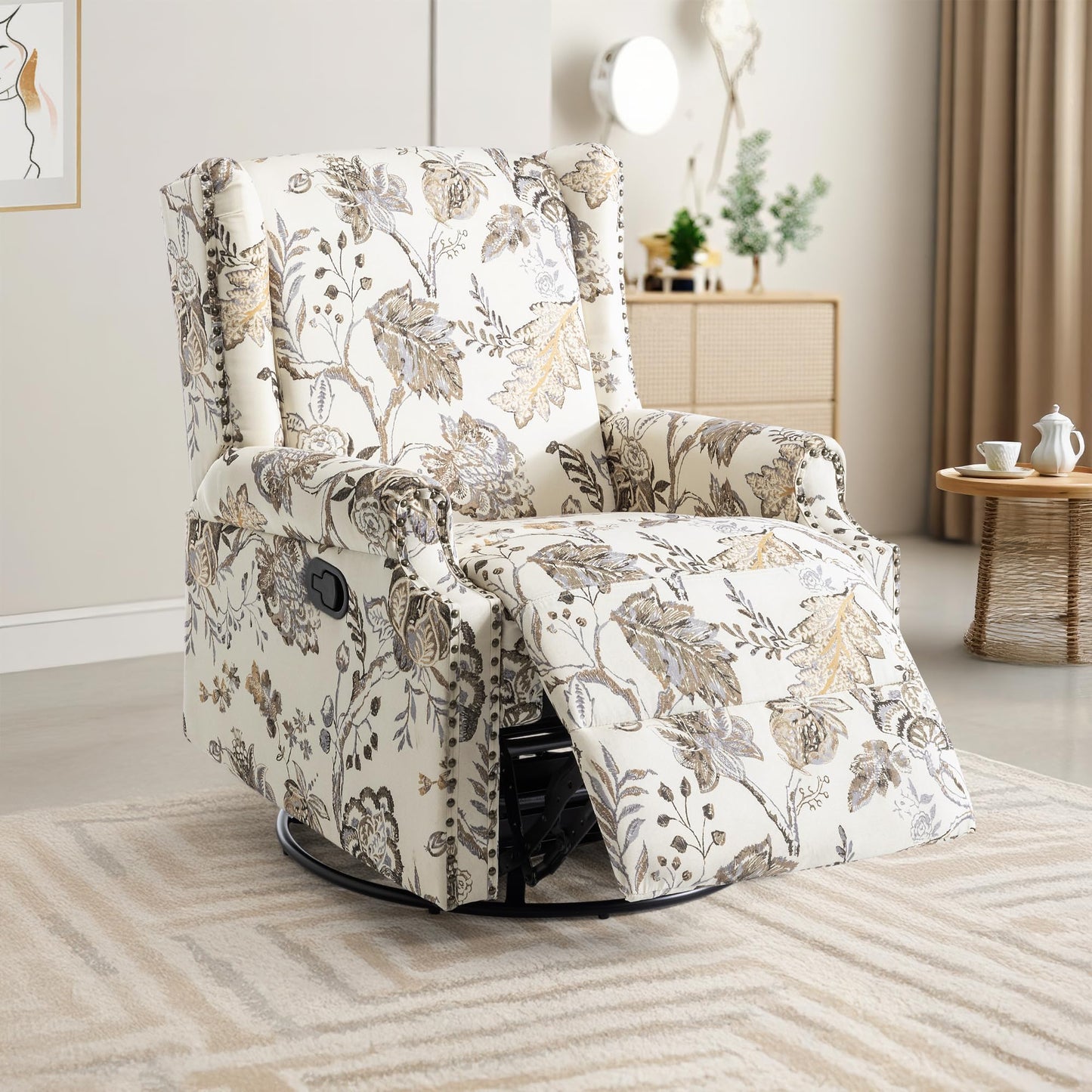 Swivel Rocker Recliner Chair, 360° Swivel Wingback Recliner Chairs for Adults, Upholstered Printed Fabric Glider Rocking Chair with High Back, Deep Seat for Living Romm Bedroom, Bird