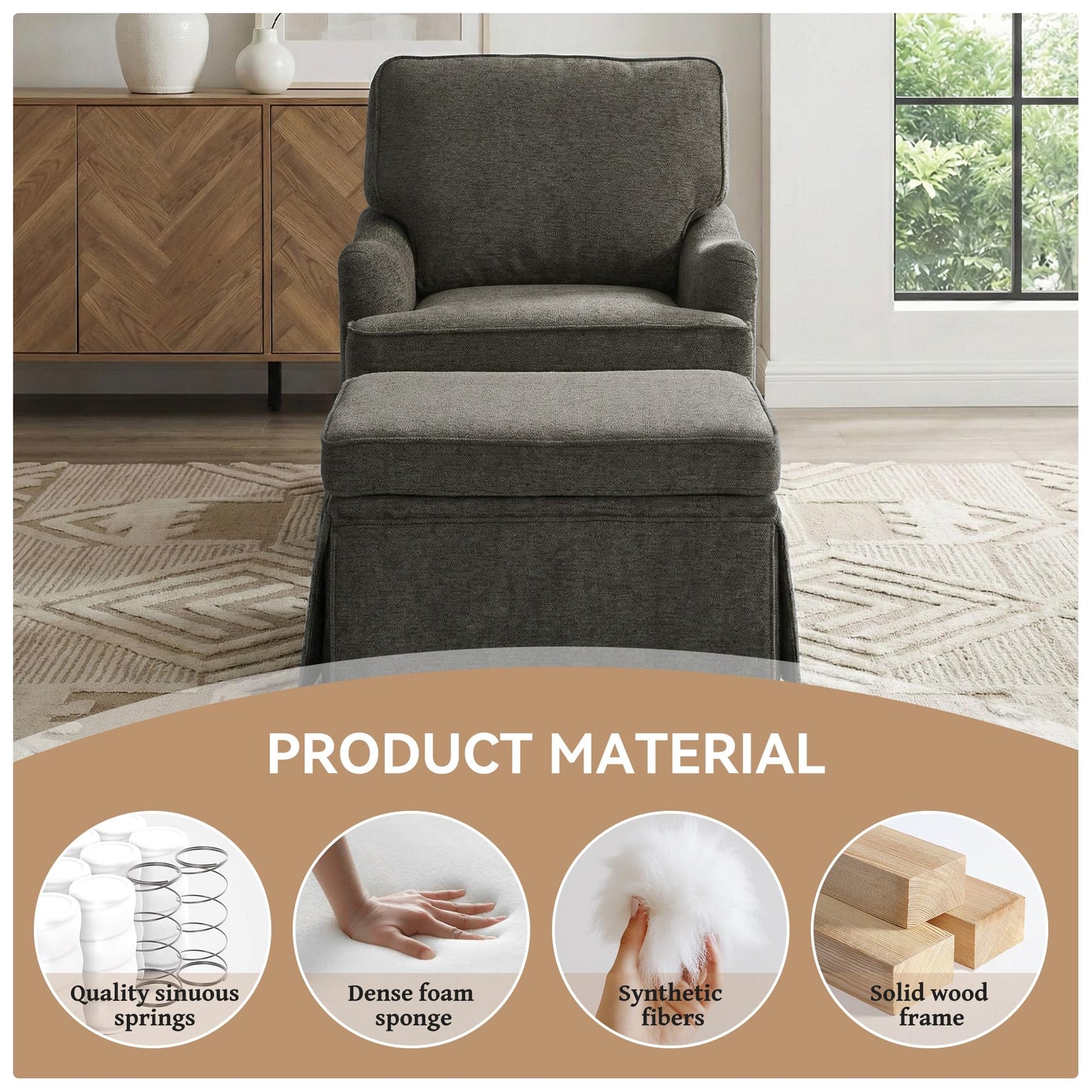 Swivel Accent Chair, 360° Swivel Upholstered Armchairs with Curved Arms, Comfy Chenille Fabric Lounge Reading Chairs for Living Room Bedroom Study, Metal Swivel Base, Tan