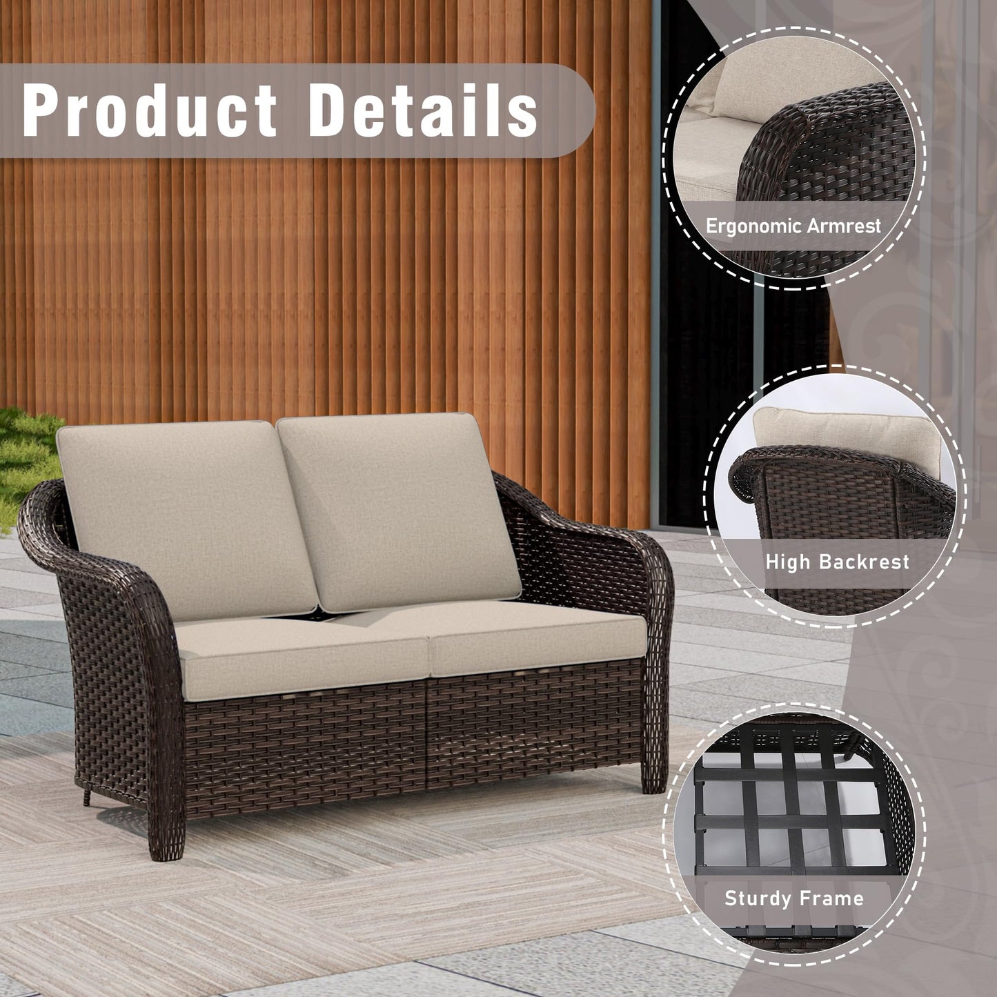 55 inch Outdoor Wicker 2 Seater Sofa, All-Weather Use Patio Rattan Loveseat with Seat and Back Cushion, Ideal for Porch, Backyard, Balcony, Poolside, Blue