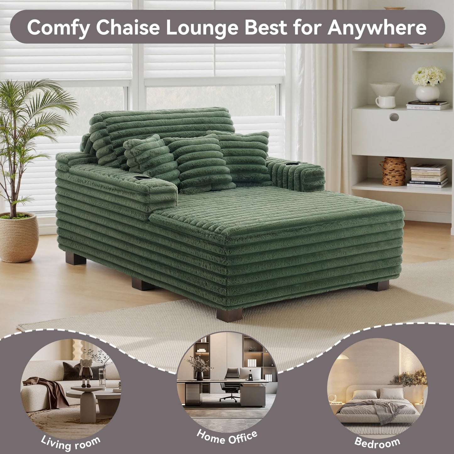 59" Chaise Lounge Chair Indoor, Upholstered Oversized Sleeper Sofa Bed Reading Chairs with 3 Soft Pillows & 2 Cup Holders, Comfy Cloud Deep Seat Sofa for Living Room Bedroom, Set of 2, Navy