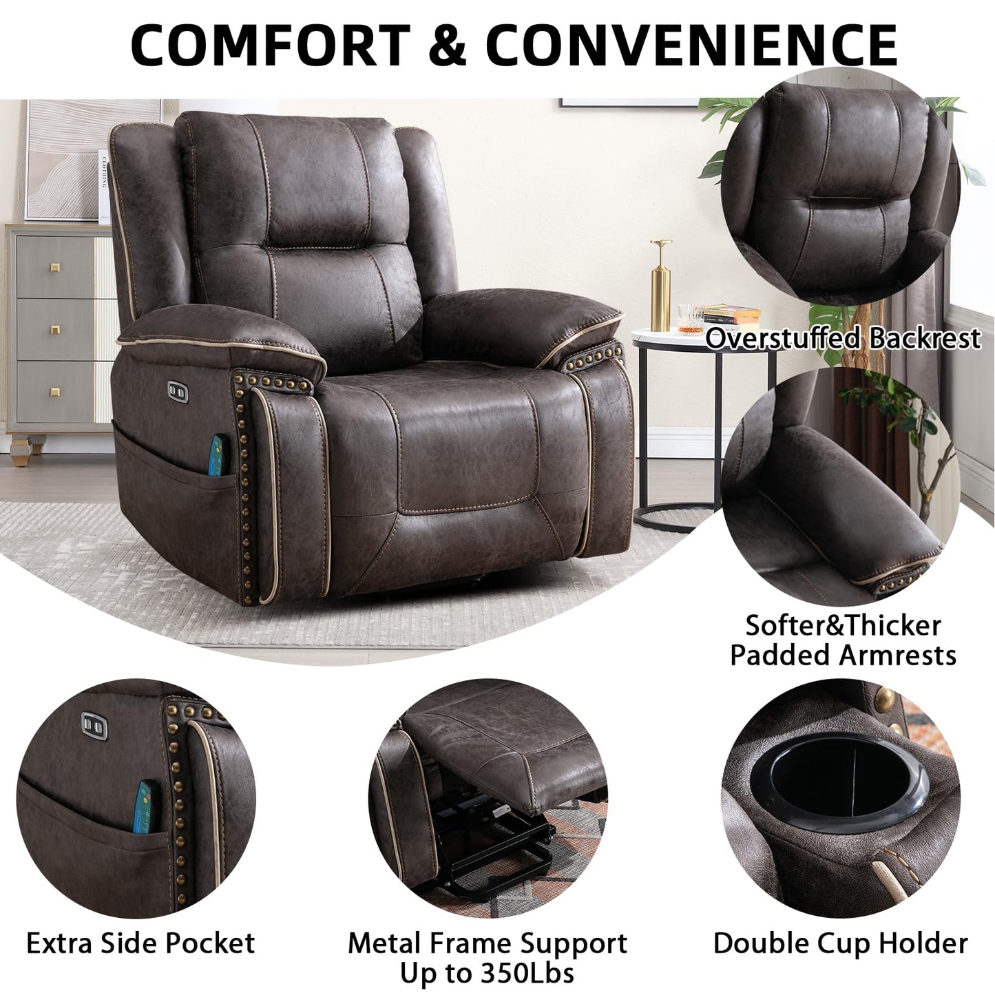 IOMOR Dual Motor Power Lift Chair for Elderly, Heavy Duty & Safety Motor Reclining Chair with Massage and Heat, Faux Leather Electric Wider Recliner with USB, 2 Concealed Cup Holders (1, Smoke Gray)