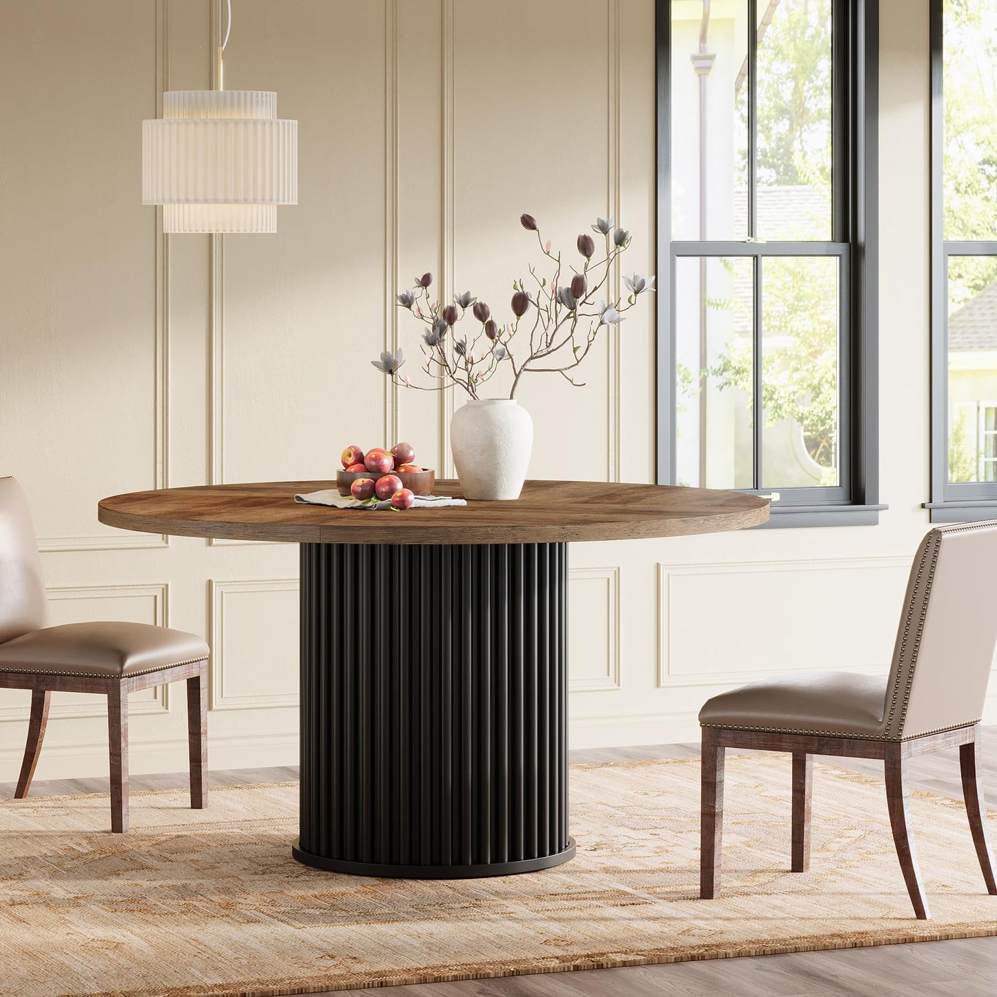 Tribesigns 47.24-Inch Black Round Dining Table for 4-6 People, Modern Fluted MDF + Metal Base Kitchen Table, Sturdy Circle Dining Room Furniture, Black