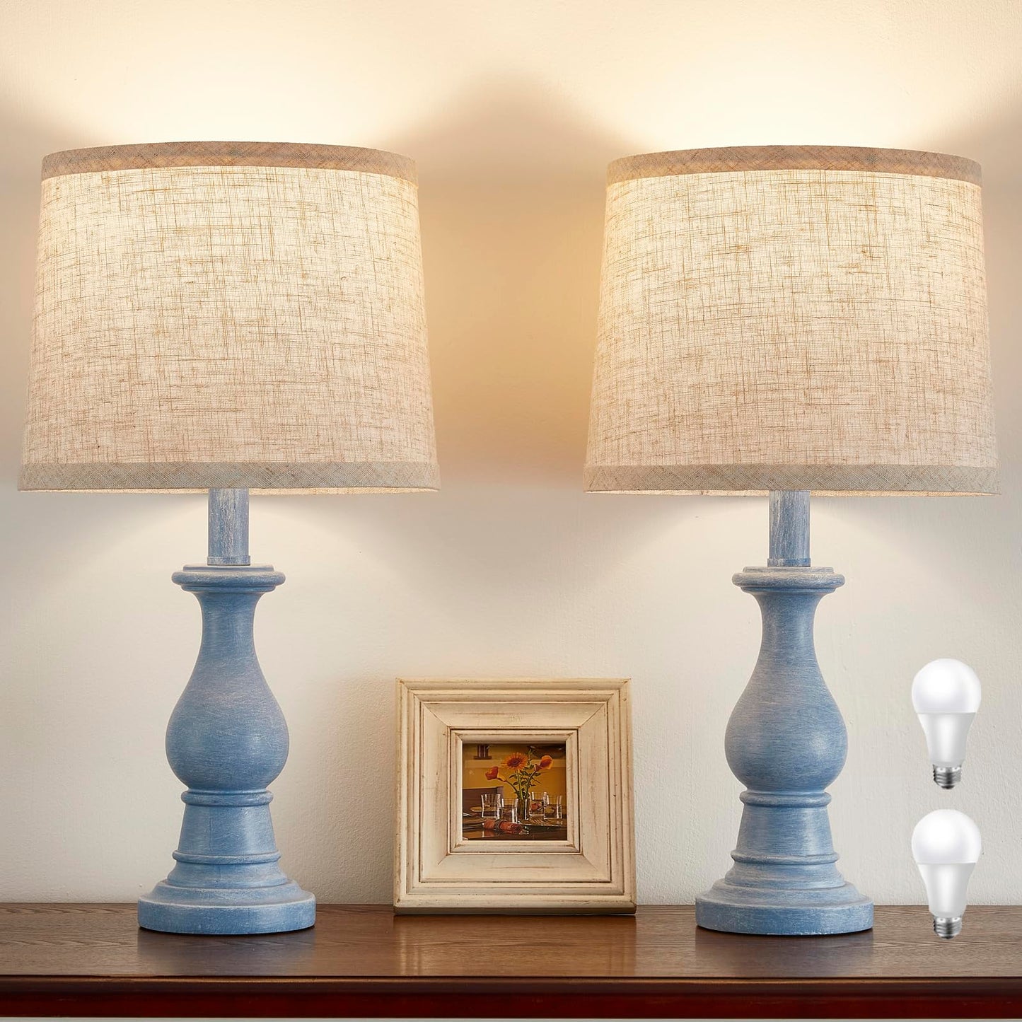 Vintage Table Lamp for Living Room Bedroom, 18.5" Farmhouse Bedside Lamps Nightstand Lamp Set of 2, Table Lamps with Oatmeal Linen Lamp Shades, 2 LED Bulbs Included