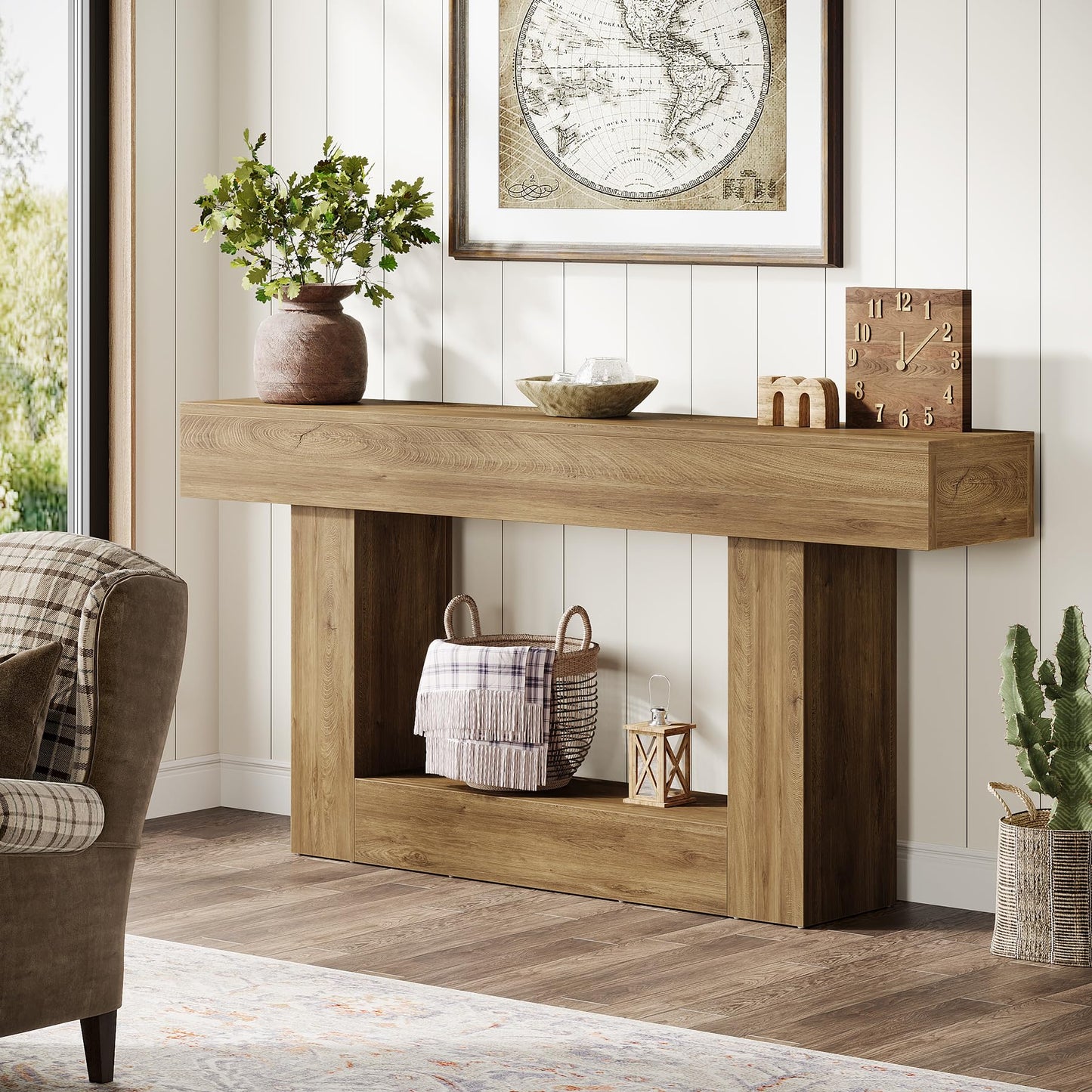 Tribesigns 63" Console Table, Farmhouse 2-Tier Entryway Table with U-Shaped Base, Narrow Long Wood Sofa Table Behind Couch Table for Living Room, Hallway, Foyer, Vintage Brown & Gray | Farmhouse