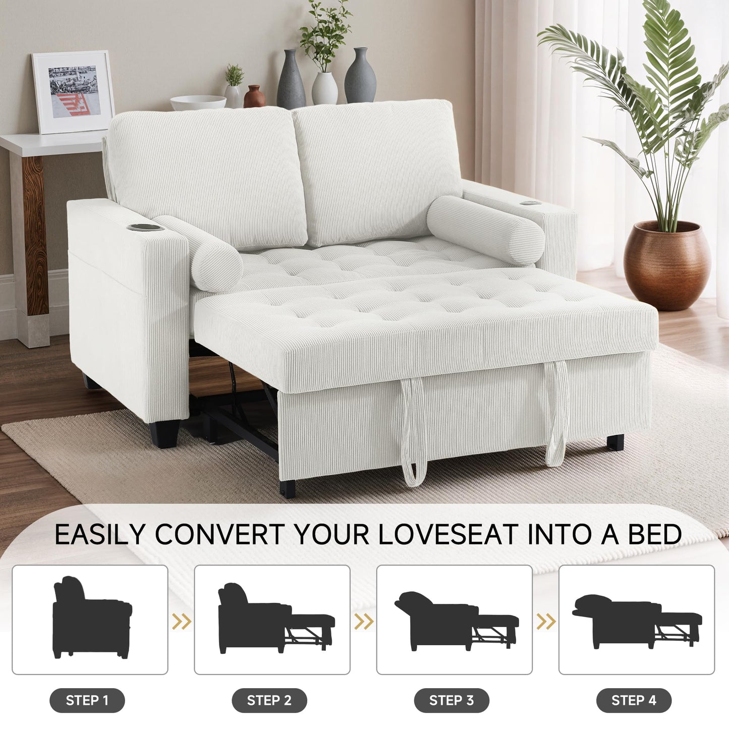 Sleeper Sofa Chair Bed, 3-in-1 Convertible Sleeper Chair with Pull Out Bed, Comfy Corduroy Sofa Bed Couch with Reclining Adjustable Backrest, USB Ports, Cup Holder, Side Pocket (Gray, 38.8")