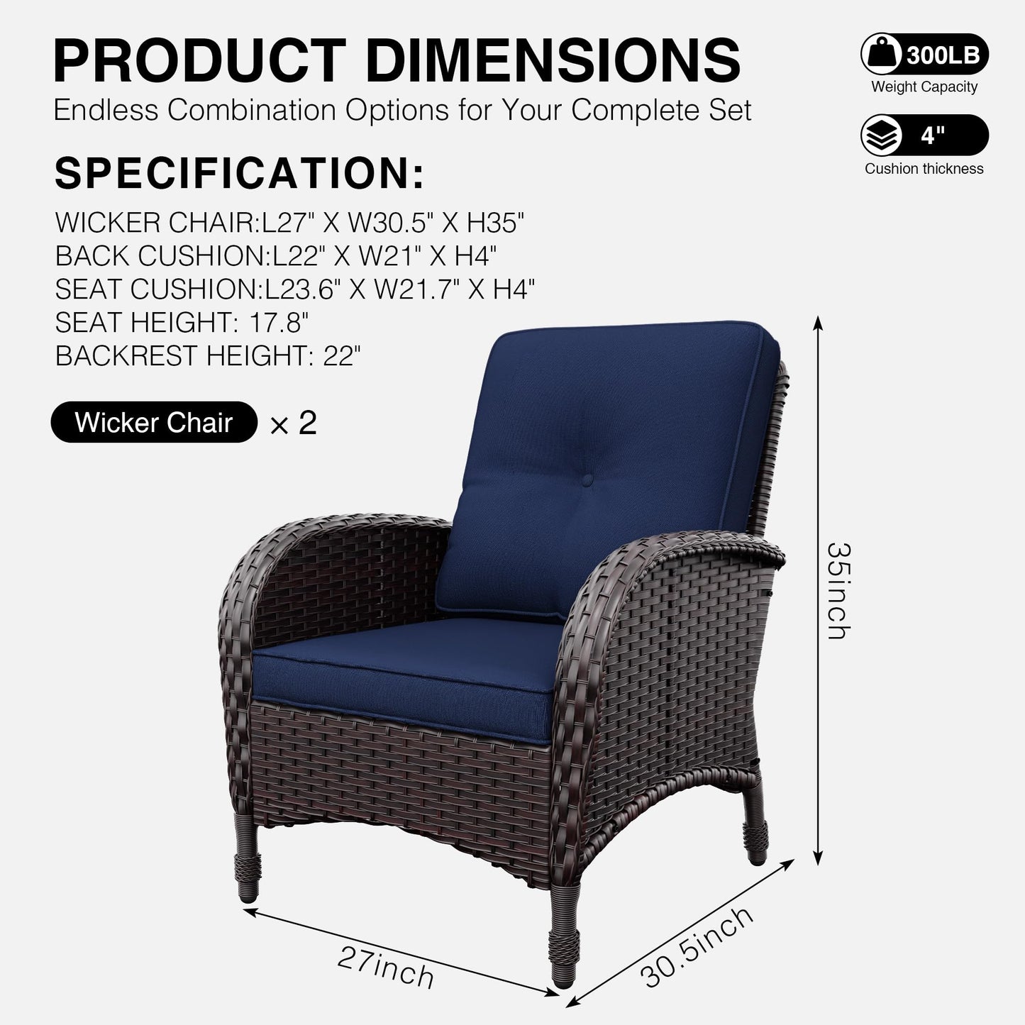 Joyside Wicker Patio Chairs Set of 2, Rattan Outdoor Furniture with Thickened Cushions, High Back, Deep Seating, Wide Armrest, Outdoor Chairs for Porch, Deck