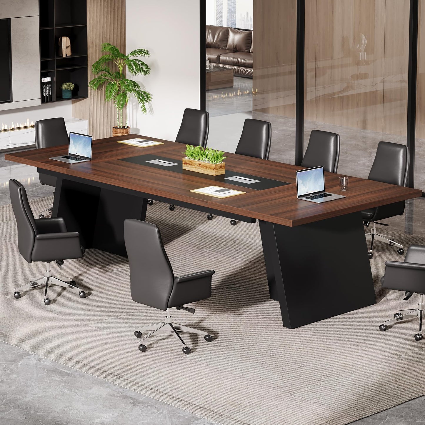 Tribesigns 8ft Conference Table, Modern Office Meeting Room Desk with Cable Management, Large Business Furniture for Boardroom, Conference Room (1, Walnut + Black)