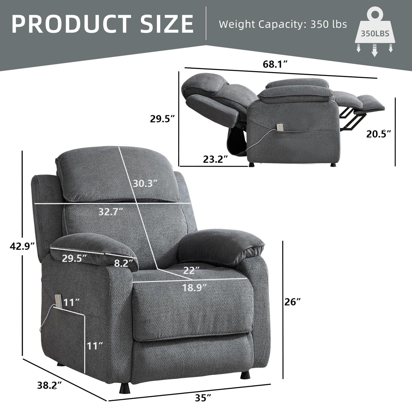 IOMOR Power Recliner Chair, Electric Recliner for Adults, Reclining Sofa Chair, Adjustable Home Theater Seating with Side Pocket for Small Space, Living Room (1, Dark Gray, Single Recliner)