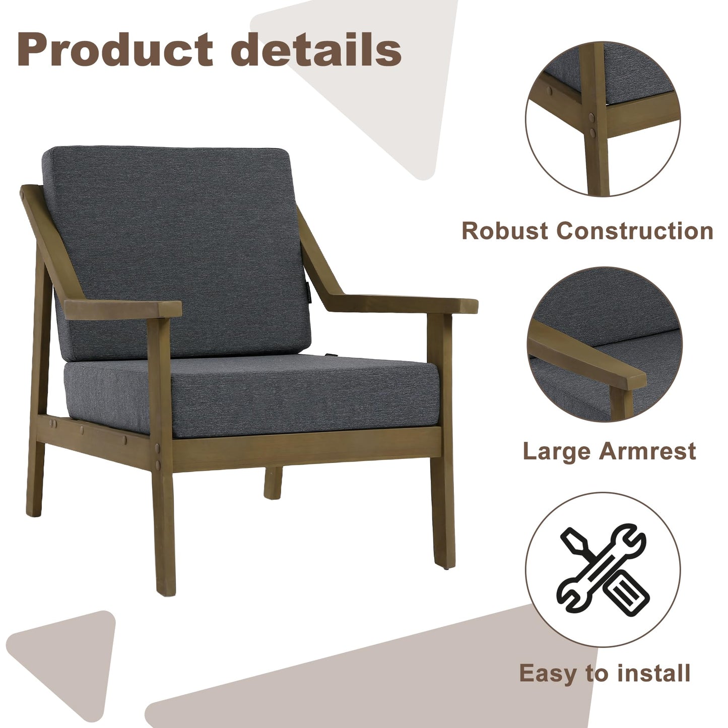 Outdoor Patio Furniture Set, 2 Piece Outdoor Patio Sofa Armchairs with Washable Thick Cushions, All-Weather Solid Wood Patio Bistro Set for Porch, Balcony, Natural Frame & Beige Cushion