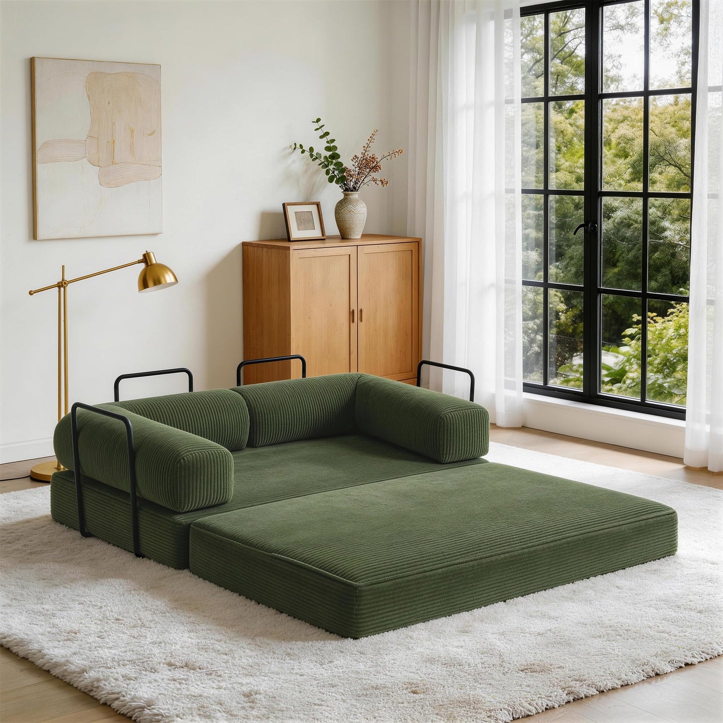 79'' Convertible Sleeper Sofa Bed, 4-in-1 Corduroy Folding Floor Couch, No Assembly Modular Boneless Loveseat with Pull Out Bed, Comfy Foldable Sofa Bed for Living Room Bedroom Guest Room, Gray