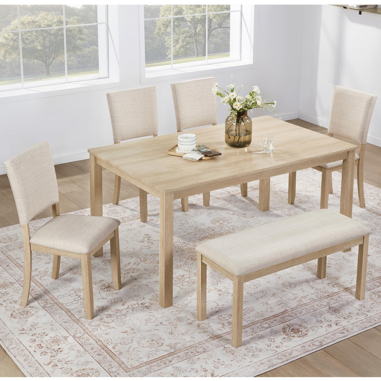 LKTART 6 Piece Kitchen Dining Set, 58.5" Rectangular Wooden Dinner Table with 4 Upholstered Chairs and a Bench for Living Room, Home Bar and Kitchen, Walnut