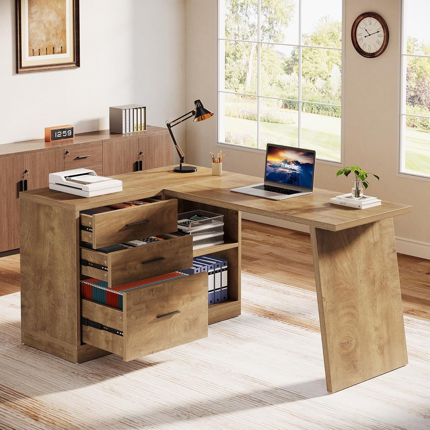 Tribesigns 55-Inch L Shaped Computer Desk with 3 Drawers, Corner Home Office Desk with Storage Shelves, Farmhouse Wood Executive Desk for Work Writing Sturdy, Gaming, Brown