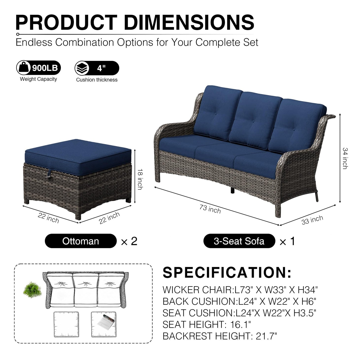 Joyside Outdoor Patio Couch, 3 Seater Outdoor Wicker Sofa with High Back, Deep Seating, Wide Armrest, Thickened Cushions, Patio Sofa for Deck, Porch Use