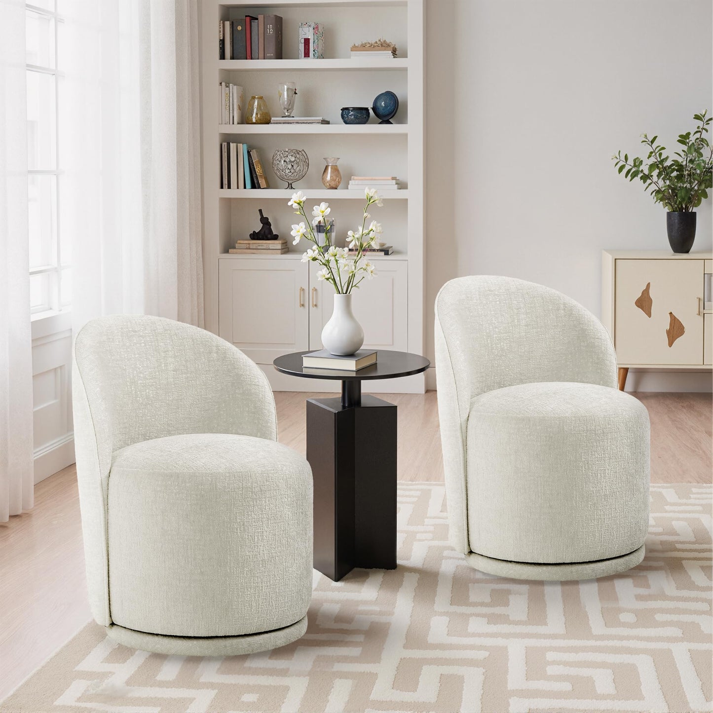 Swivel Barrel Dining Chairs Set of 2, Faux Leather Upholstered Round Dining Chairs, 360° Swivel Vanity Chair Comfy Armless Accent Makeup Chair for Dining/Living Room Makeup Room, Brown