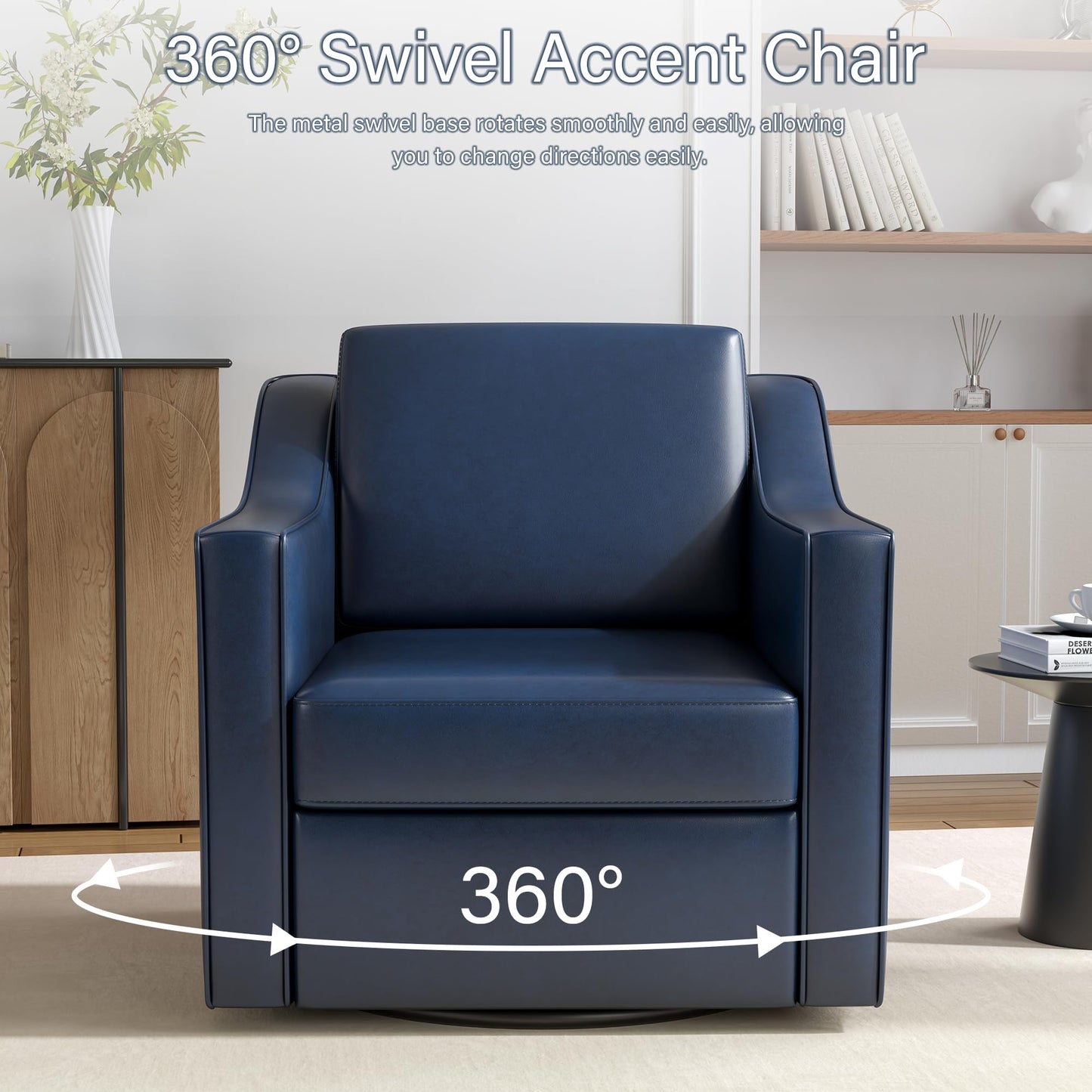 Swivel Accent Chairs Set of 2, 360° Swivel Upholstered Faux Leather Club Armchairs for Living Room, Comfy Single Sofa Reading Chair with Deep Seat, Metal Swivel Base, Coffee