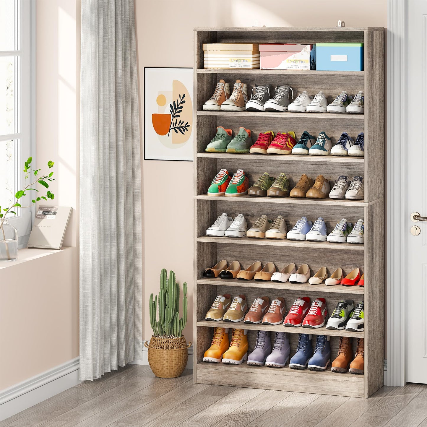 Tribesigns Shoe Cabinet, 9 Tiers 40-45 Pairs Heavy Duty Wood Freestanding Shoe Storage Cabinet, 70.8'' Tall Shoe Cabinet with Open Storage for Entryway, White