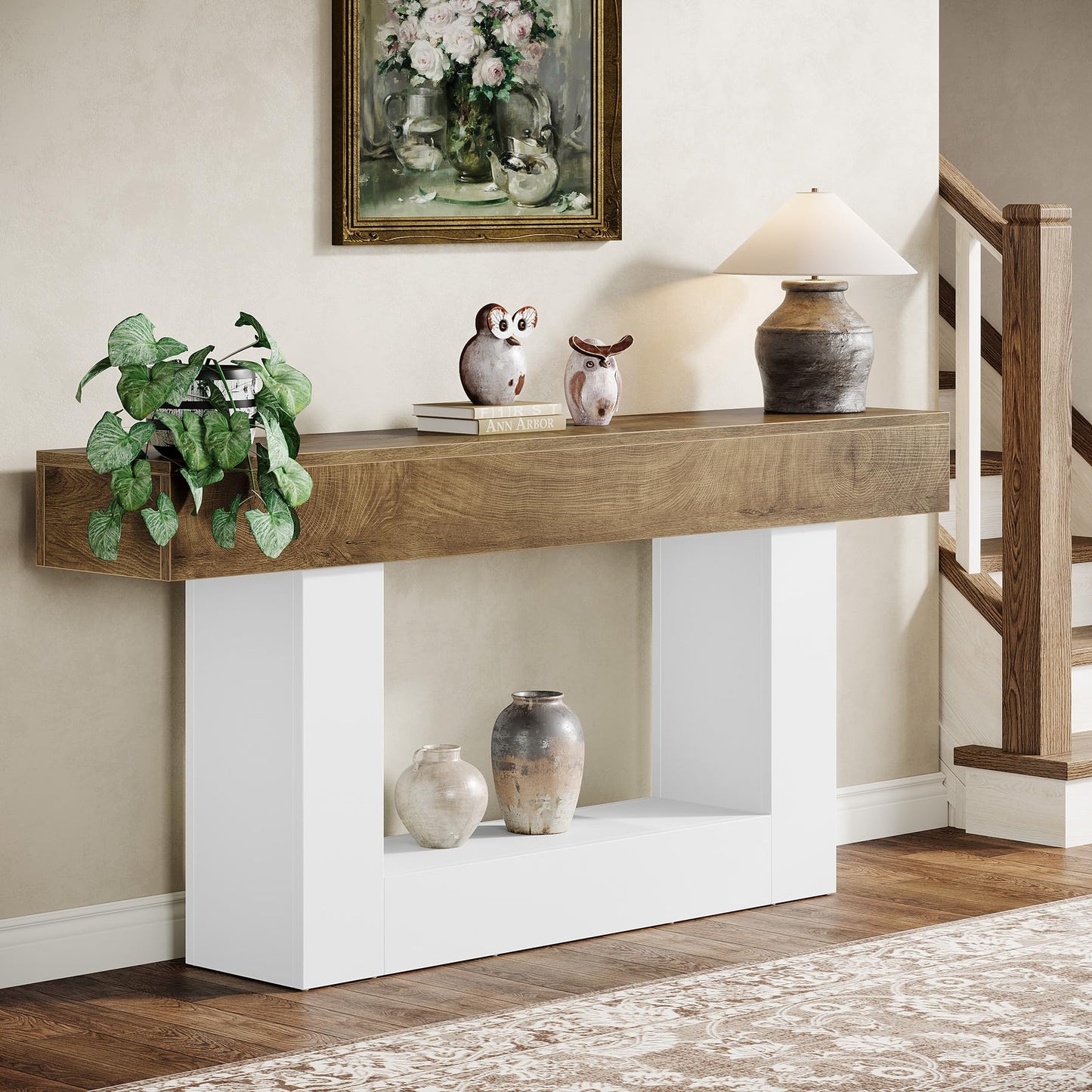 Tribesigns 63" Console Table, Farmhouse 2-Tier Entryway Table with U-Shaped Base, Narrow Long Wood Sofa Table Behind Couch Table for Living Room, Hallway, Foyer, Vintage Brown & Gray | Farmhouse