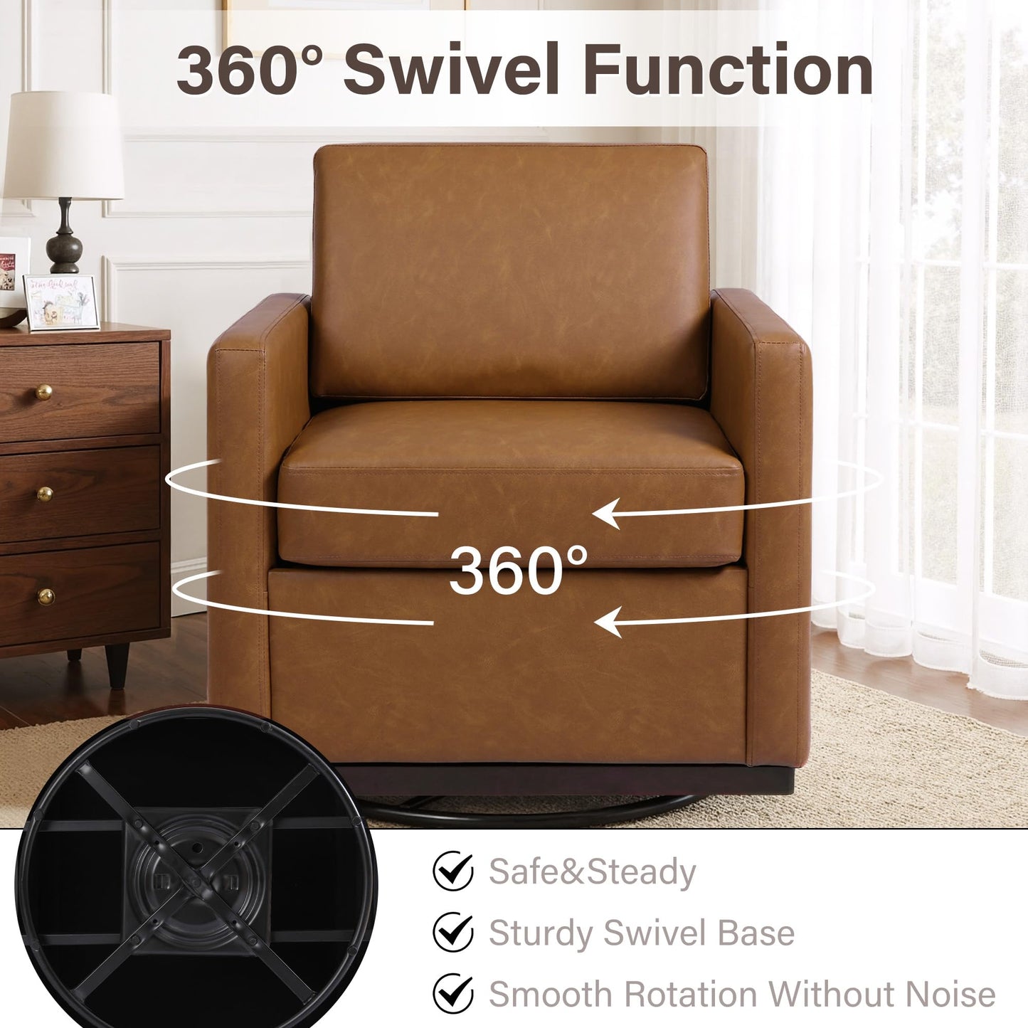 Faux Leather Swivel Accent Chairs Set of 2, 360° Swivel Upholstered Club Armchairs for Living Room, 31" Wide Square Single Sofa Reading Chair with Deep Seat, Metal Swivel Base, Navy
