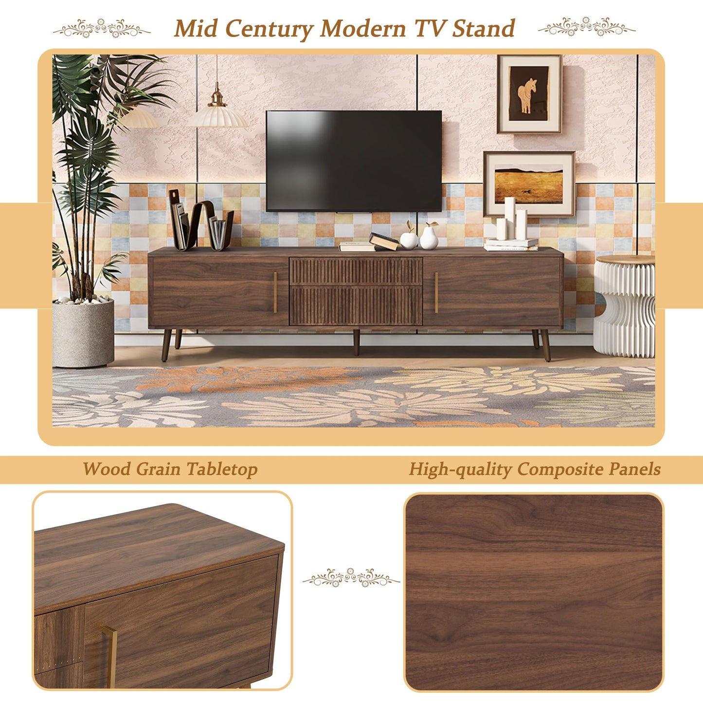 LKTART 67" Mid Century Modern TV Stand for 65/70/75/80" TVs,Entertainment Center with Sliding Doors and Drawers,Media Console for Living Room