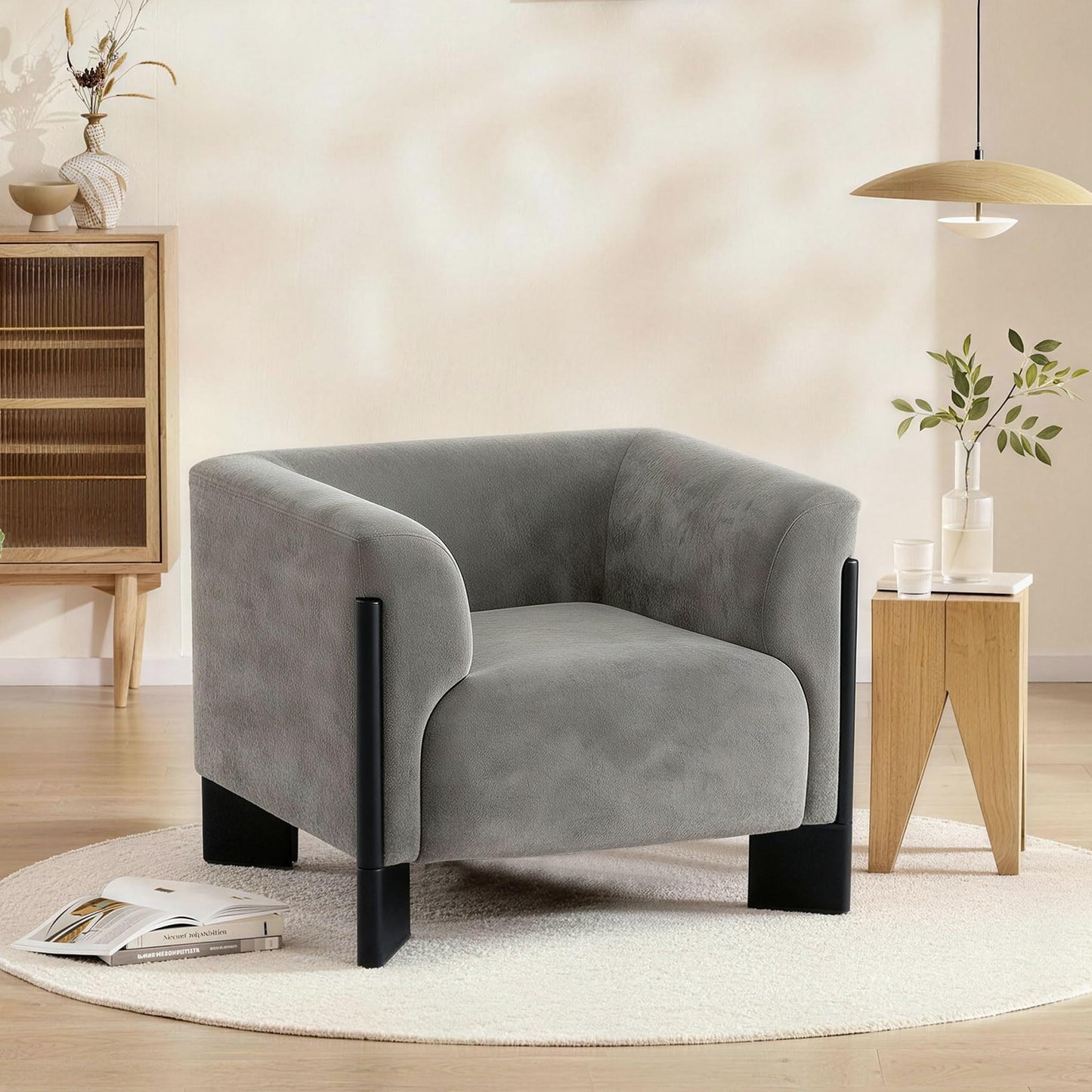 Oversized Accent Chair, Chenille Fabric Upholstered Club Chair for Living Room, 41" Width Single Sofa Chair with Curved Handrail and Solid Wood Legs, Modern Arm Chair for Bedroom Home, Gray