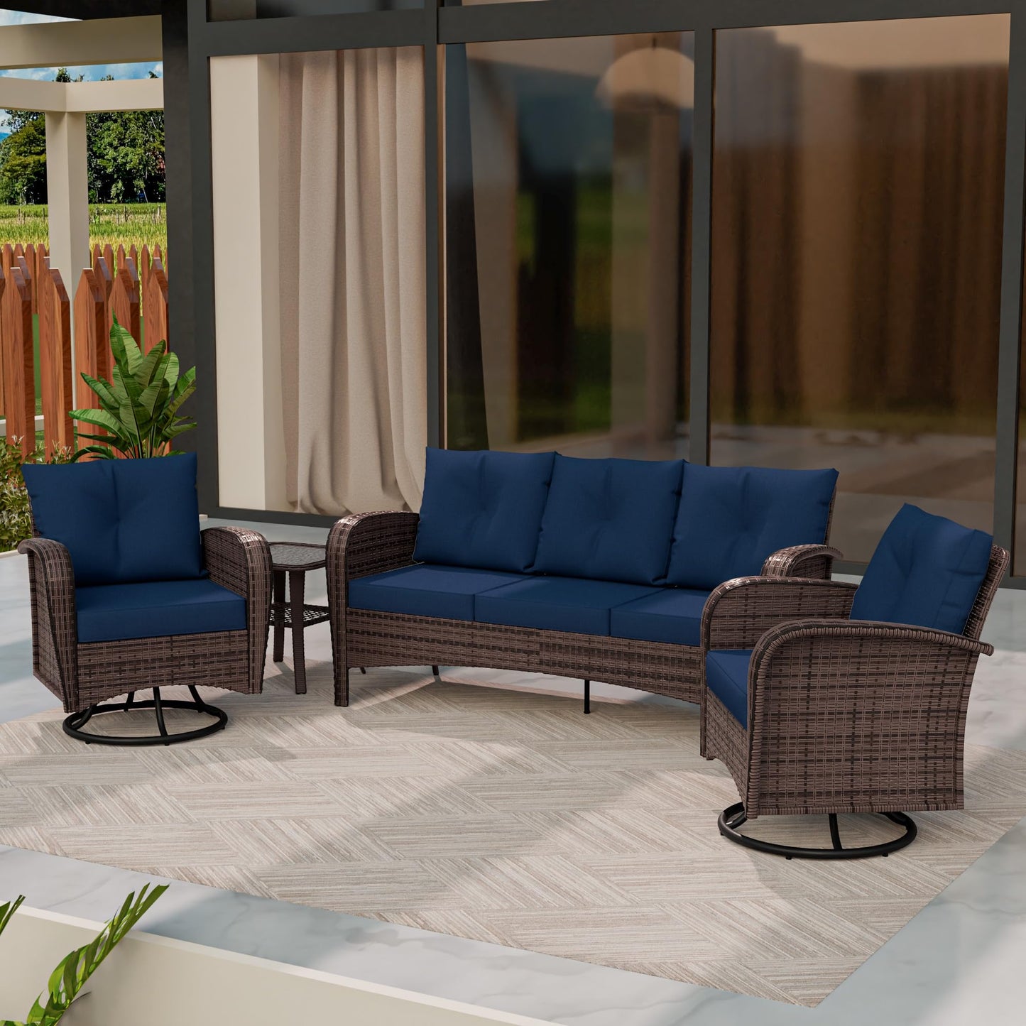 4 Piece Patio Conversation Set - 2 Swivel Chairs 1 Coffee Table 3-Seater Sofa, PE Wicker & Steel Patio Furniture with Heavy-Duty Steel Frame,Weatherproof Cushions, Red