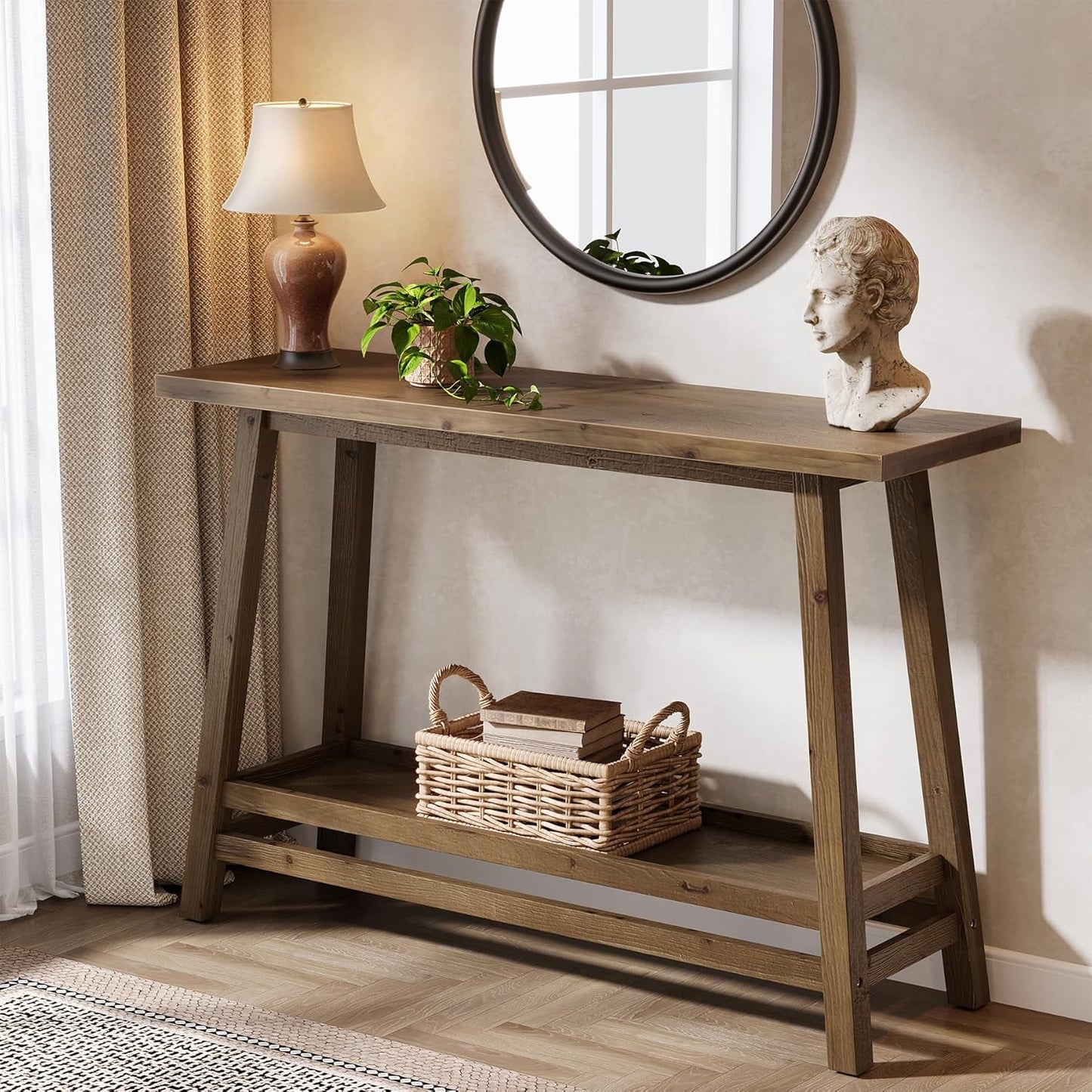 41.3" Farmhouse Console Table, Solid Wood Entryway Table with Storage Shelf, 2 Tiers of Narrow Behind Couch Sofa Furniture for Living Room, Hallway, Foyer, Easy Assembly, Brown