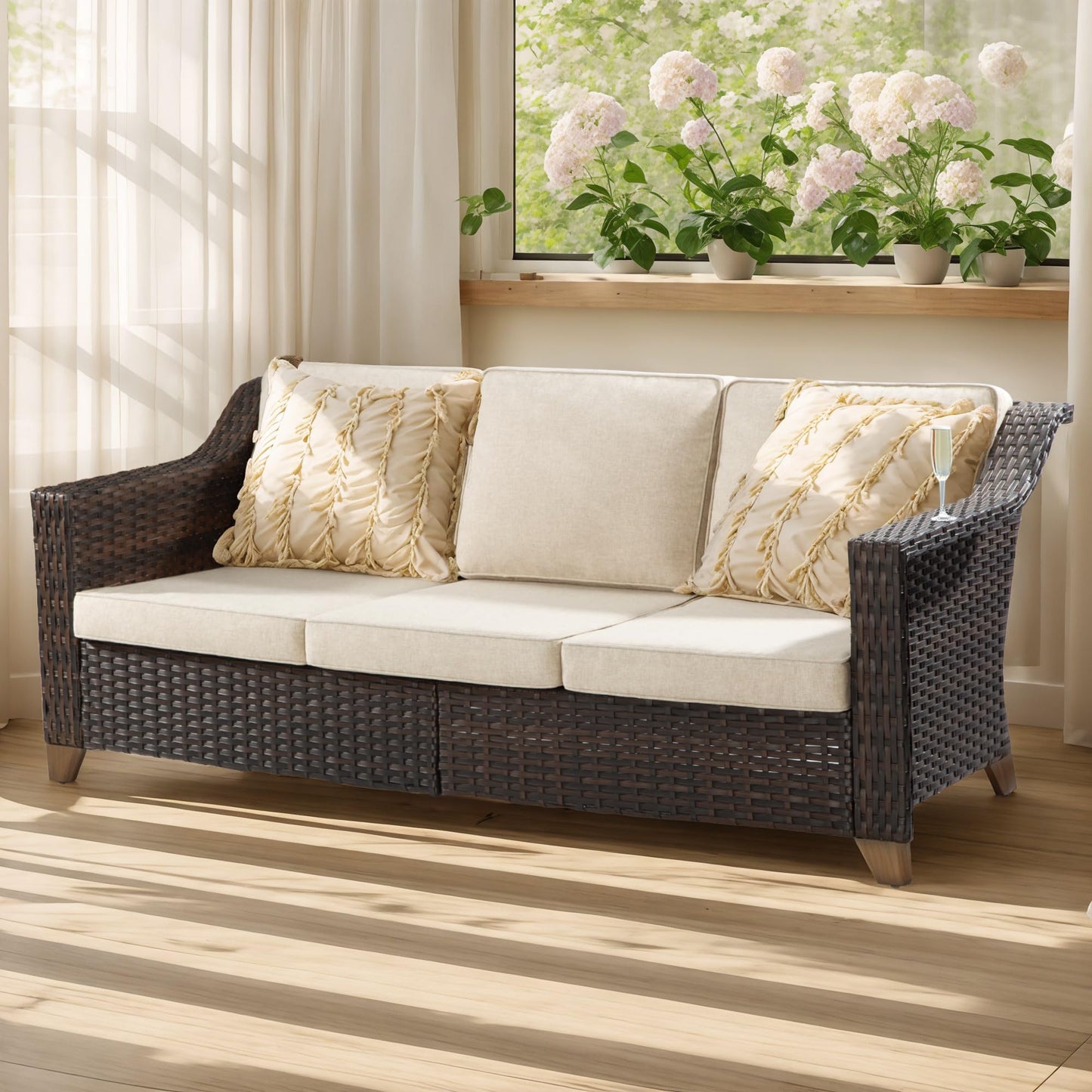 Joyside Patio Sofa - 3 Seater Rattan Sofa, All Weather High Back Sofa, Upgraded Large Size with 4inch Seat Cushions for Backyard, Garden, Poolside (Brown/Blue)