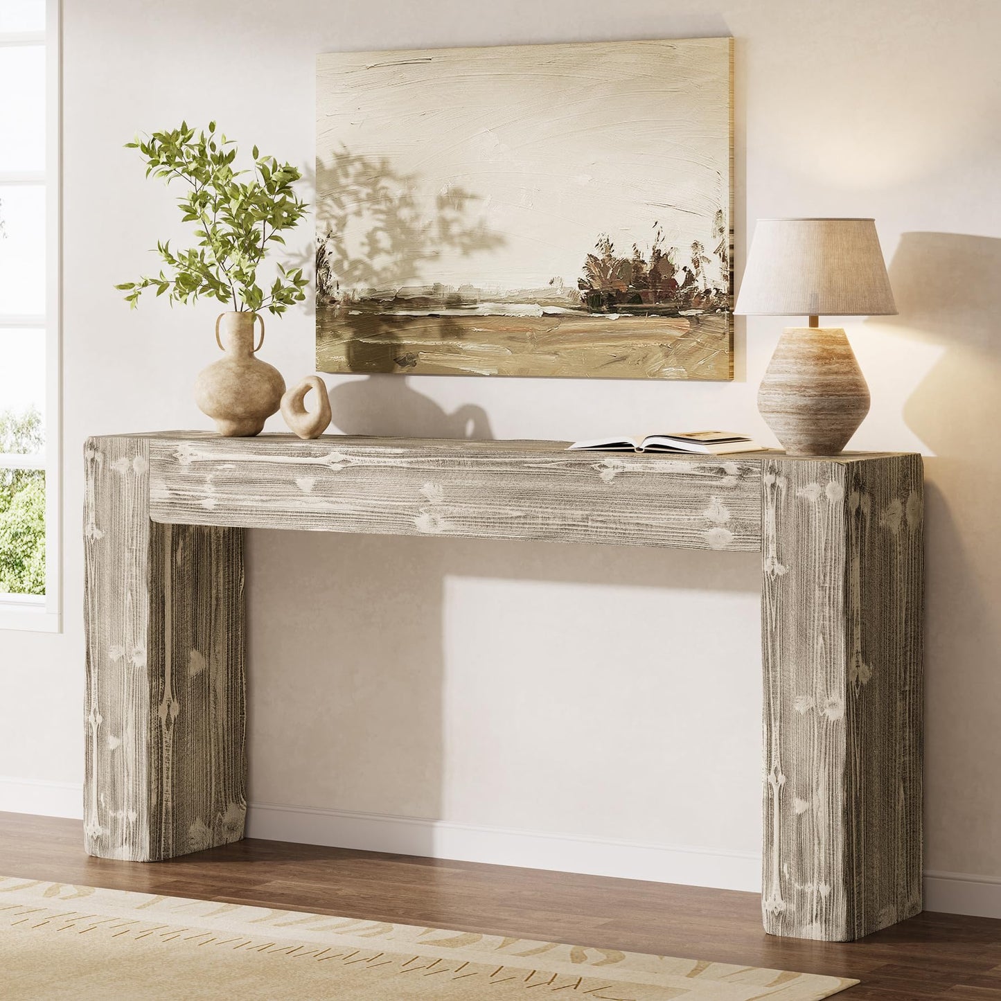 Solid Wood Console Table, 63-Inch Farmhouse Sofa Table Behind Couch for Entryway, Living Room, Foyer, Easy Assembly (Light Wood)