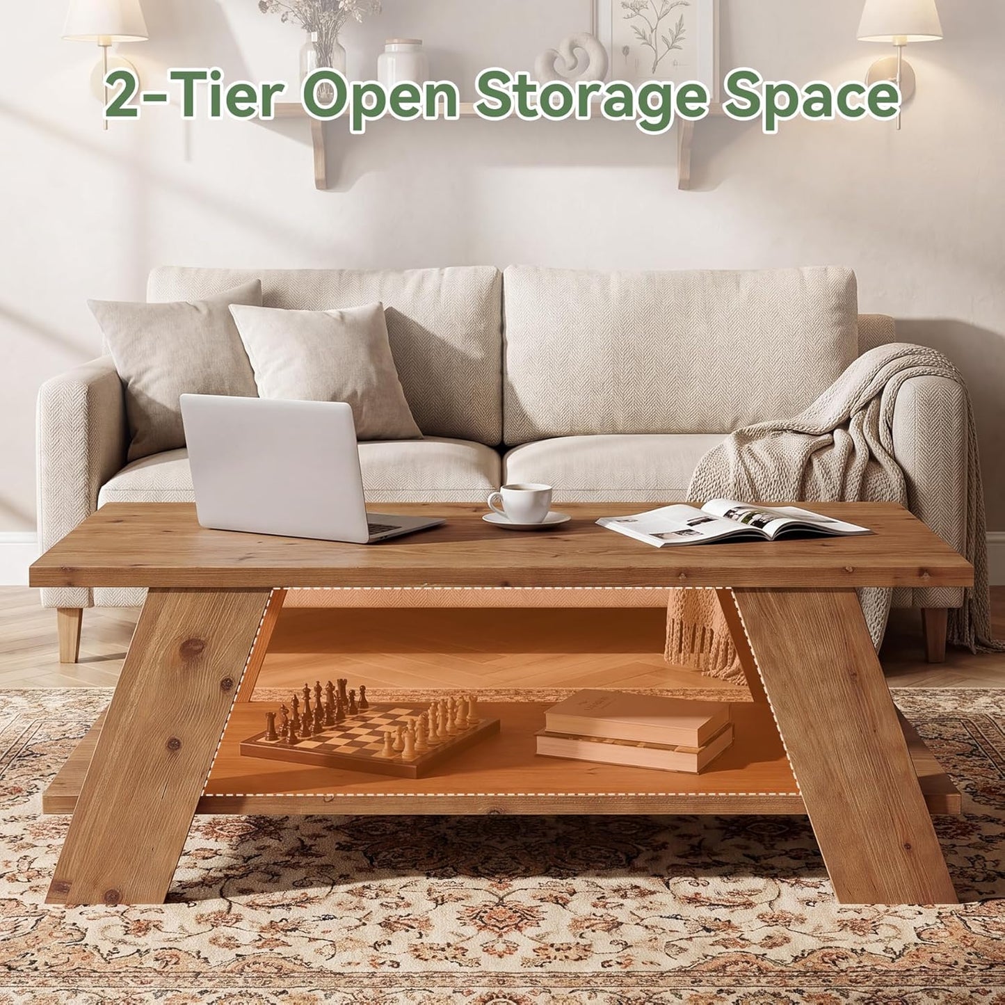47-Inch Solid Wood Coffee Table for Living Room, 2-Tier Rectangle Center Table with Storage Shelf, Farmhouse Rustic Living Room Furniture, Brown