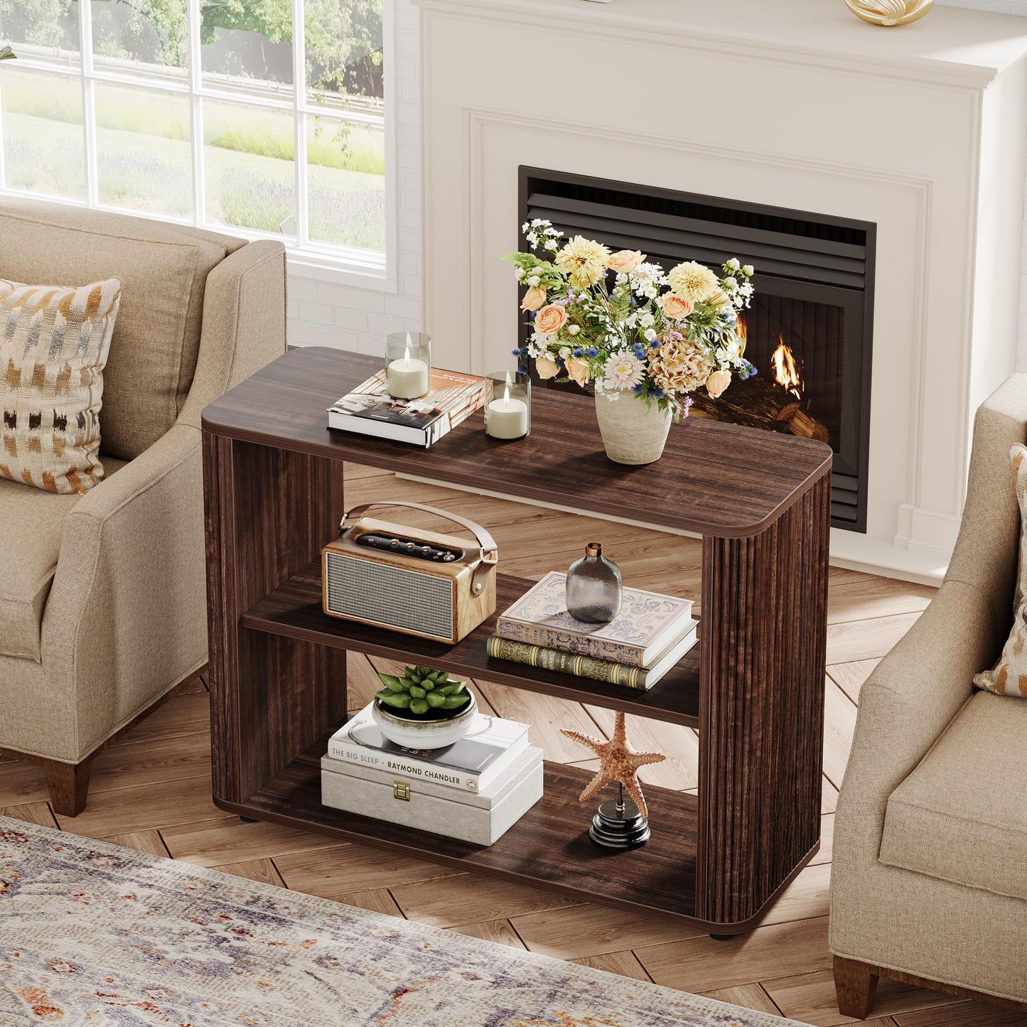 Tribesigns Narrow Side Table, 3-Tier End Table for Living Room, Small Fluted Nightstand with Storage Shelves, Farmhouse Bedside Table for Bedroom, Small Spaces, Sofa Couch, Dark Walnut