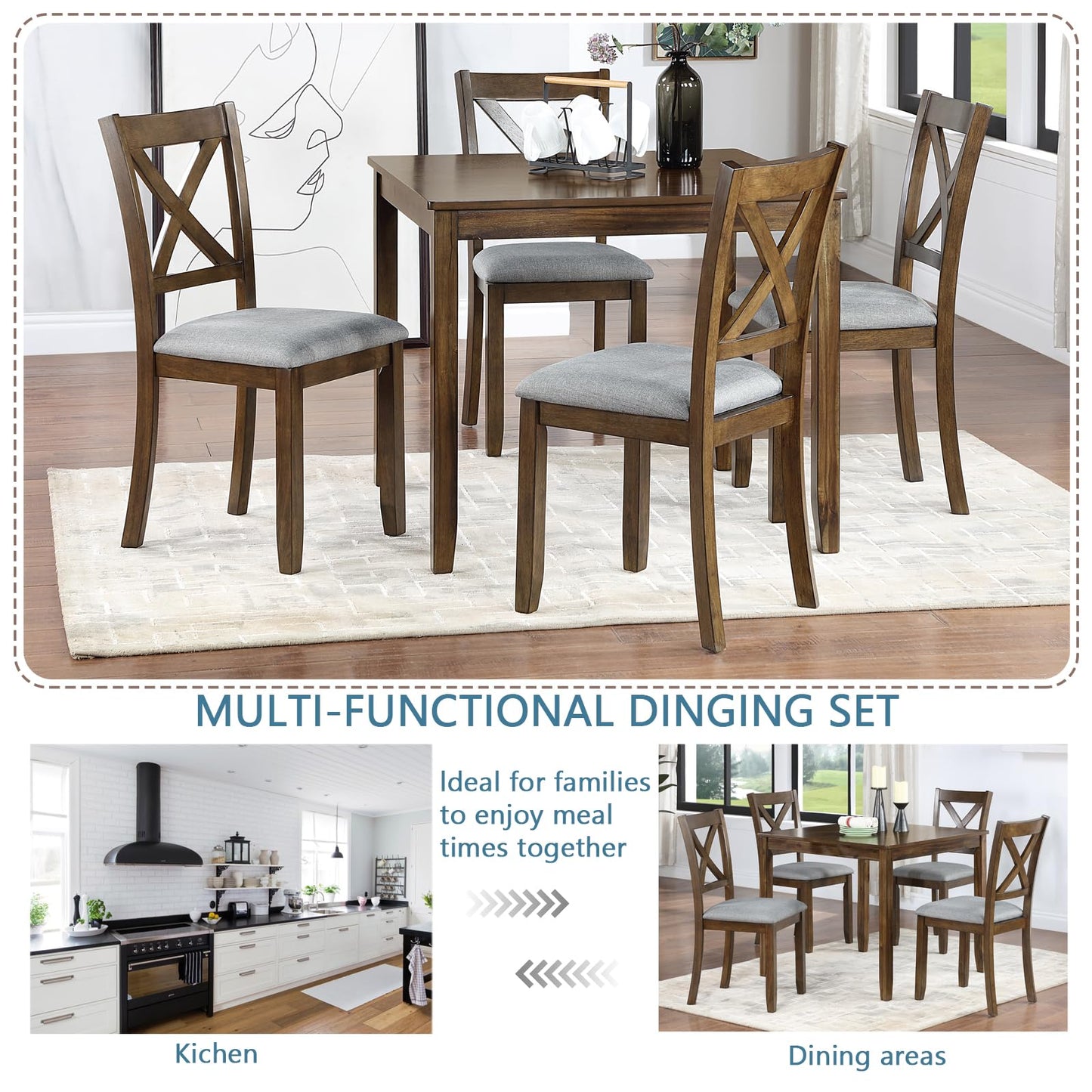 LKTART 5-Piece Kitchen & Dining Room Table and Chairs Sets,Small Square Kitchen Table with 4 Upholstered XX-Shaped Backrest Chairs,Walnut