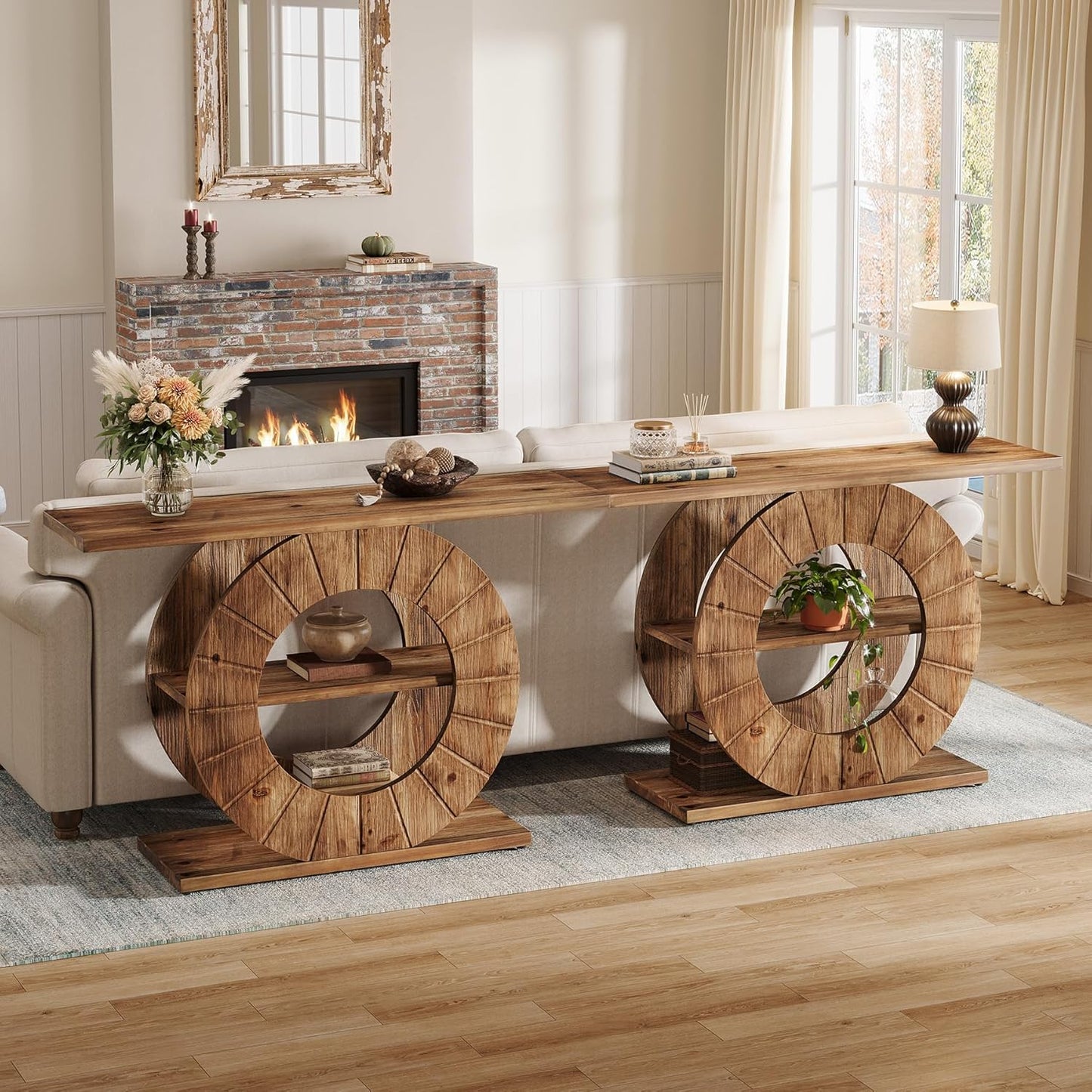 41" Solid Wood Console Table with Storage, Farmhouse Sofa Table with 3-Tier Shelves & Carved Circle Base for Living Room, Hallway, Foyer, Rustic Brown