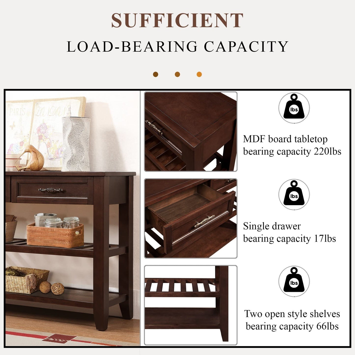 LKTART Solid Wood Console Table Sofa Tables with Drawers and Shelves Small Entryway Table for Living Room,Behind the Couch Table,Foyer(42" Espresso)