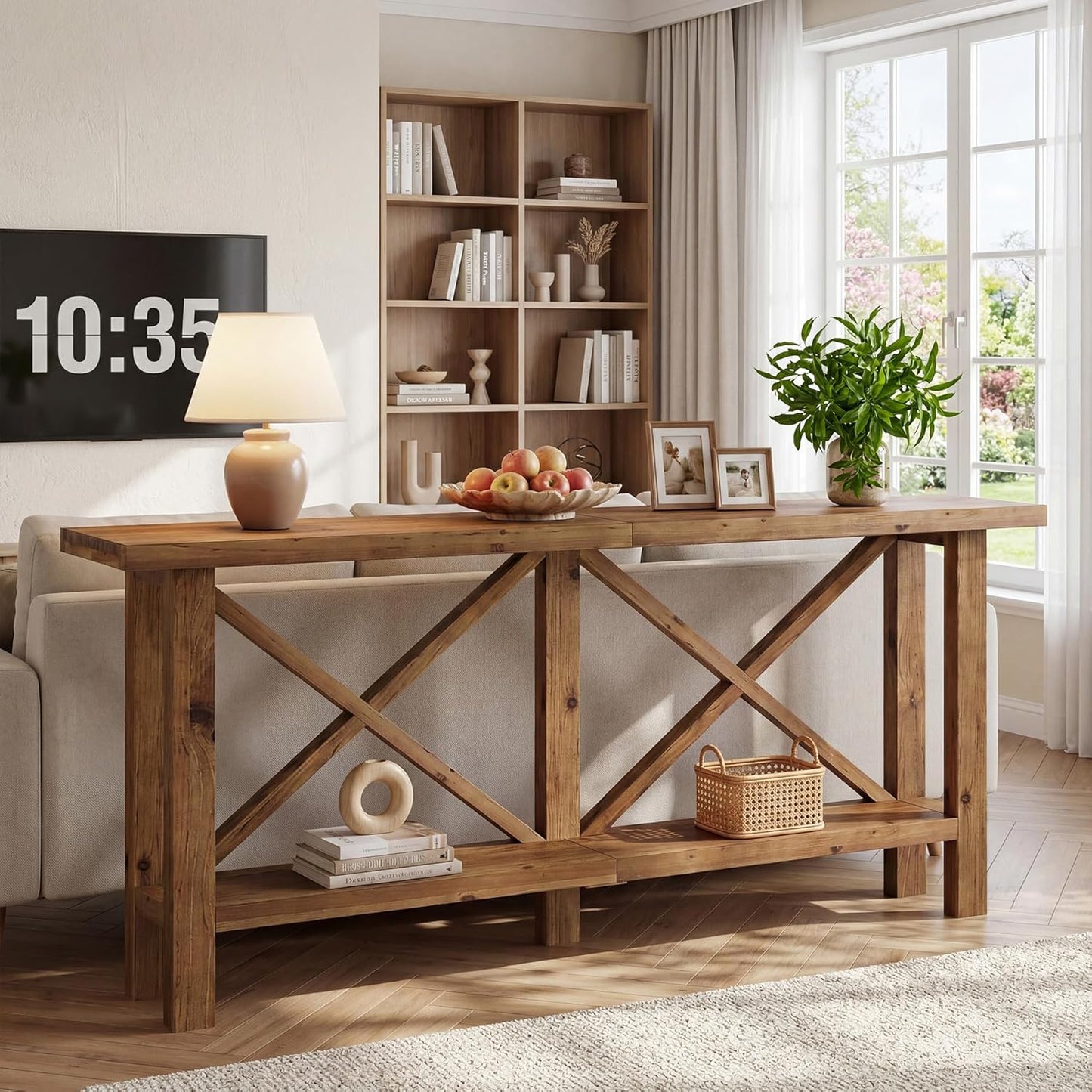 Solid Wood Console Table, 70.9-Inch Long Narrow Entryway Table with Storage, 2-Tier Farmhouse Sofa Console Behind Couch for Hallway, Foyer, Living Room, Entrance, Rustic Brown