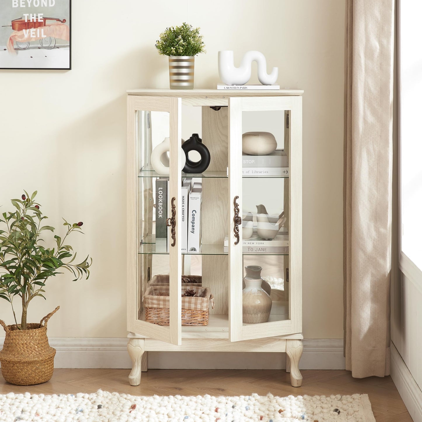 LKTART Curio Glass Display Cabinet,Storage Cabinet with Lights and Mirrored Back Panel,China Cabinet with Tempered Glass Doors and Shelves,Collectible Display Shelf,Included Bulb White