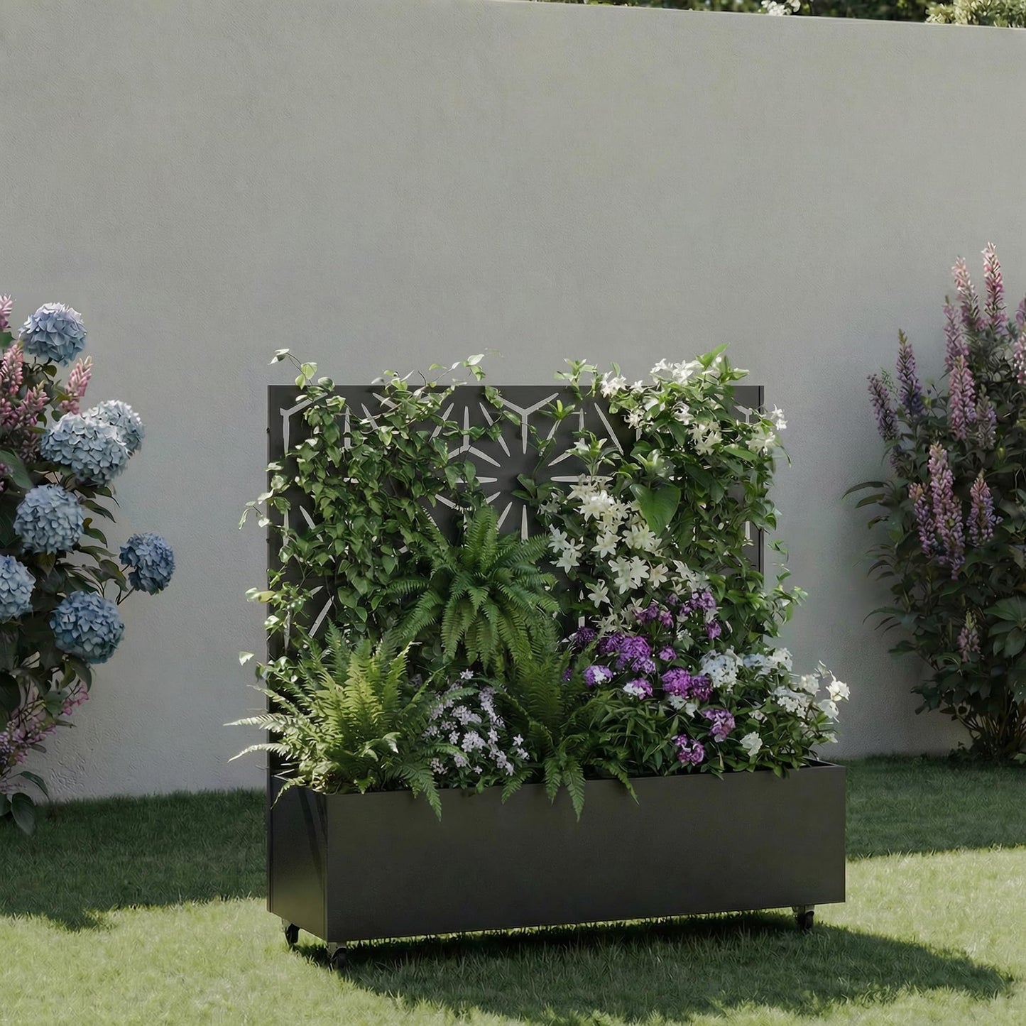Metal Raised Garden Bed with Trellis and Wheels, 71"x47"x16" Planter Box with Privacy Screen & Drainage Holes, Arched Outdoor Garden Bed for Climbing Plants, Vegetables, Flowers (Black-Square)