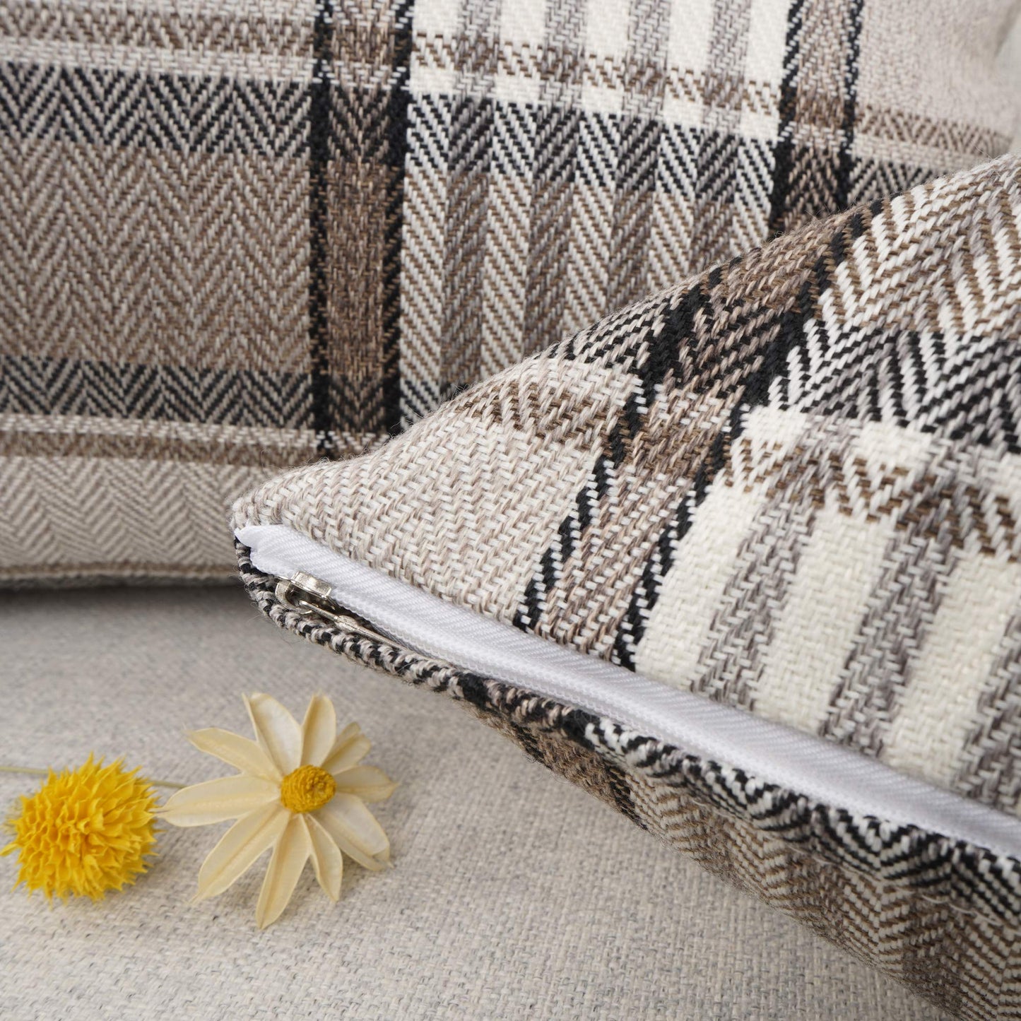 YOUR SMILE Retro Farmhouse Outdoor Buffalo Tartan Chequer Plaid Cotton Linen Decorative Throw Pillow Case Cushion Cover Pillowcase for Sofa 18 x 18 Inch, Set of 2, Khaki/Stripe