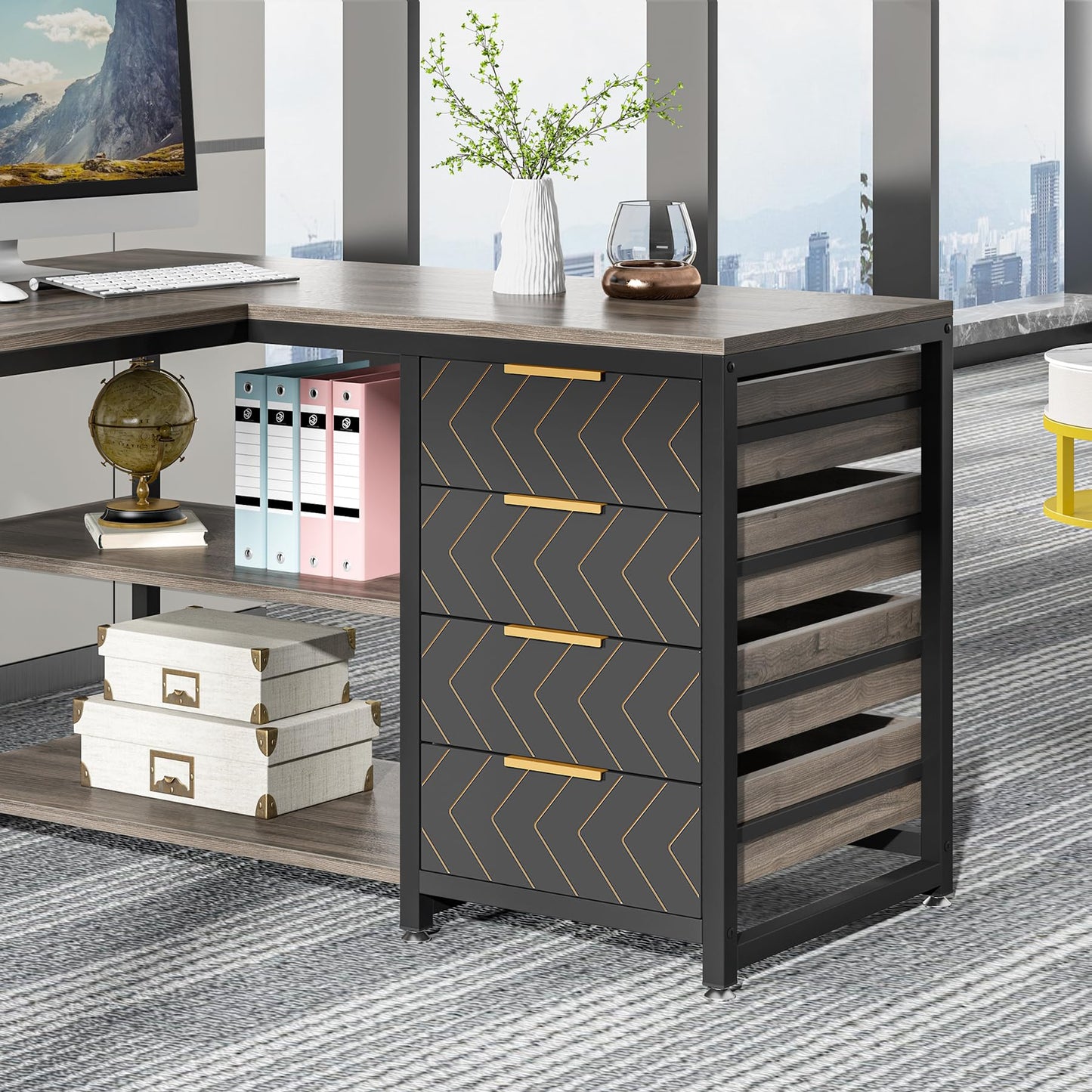 Tribesigns L Shaped Computer Desk with Storage Drawers, 59 inch Corner Desk with Shelves, Reversible L-Shaped Office Desk Study Writing Table Workstation for Home Office, Walnut & White