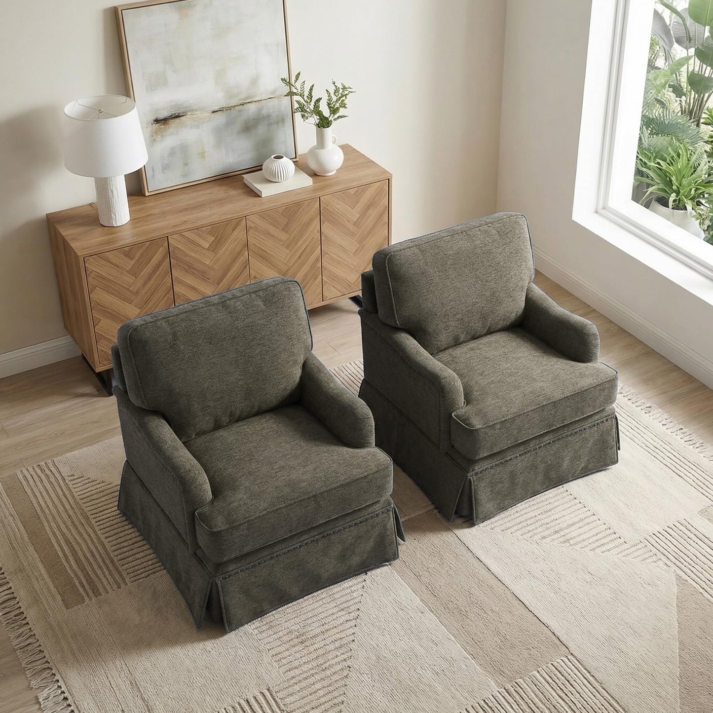 Swivel Accent Chair, 360° Swivel Upholstered Armchairs with Curved Arms, Comfy Chenille Fabric Lounge Reading Chairs for Living Room Bedroom Study, Metal Swivel Base, Tan