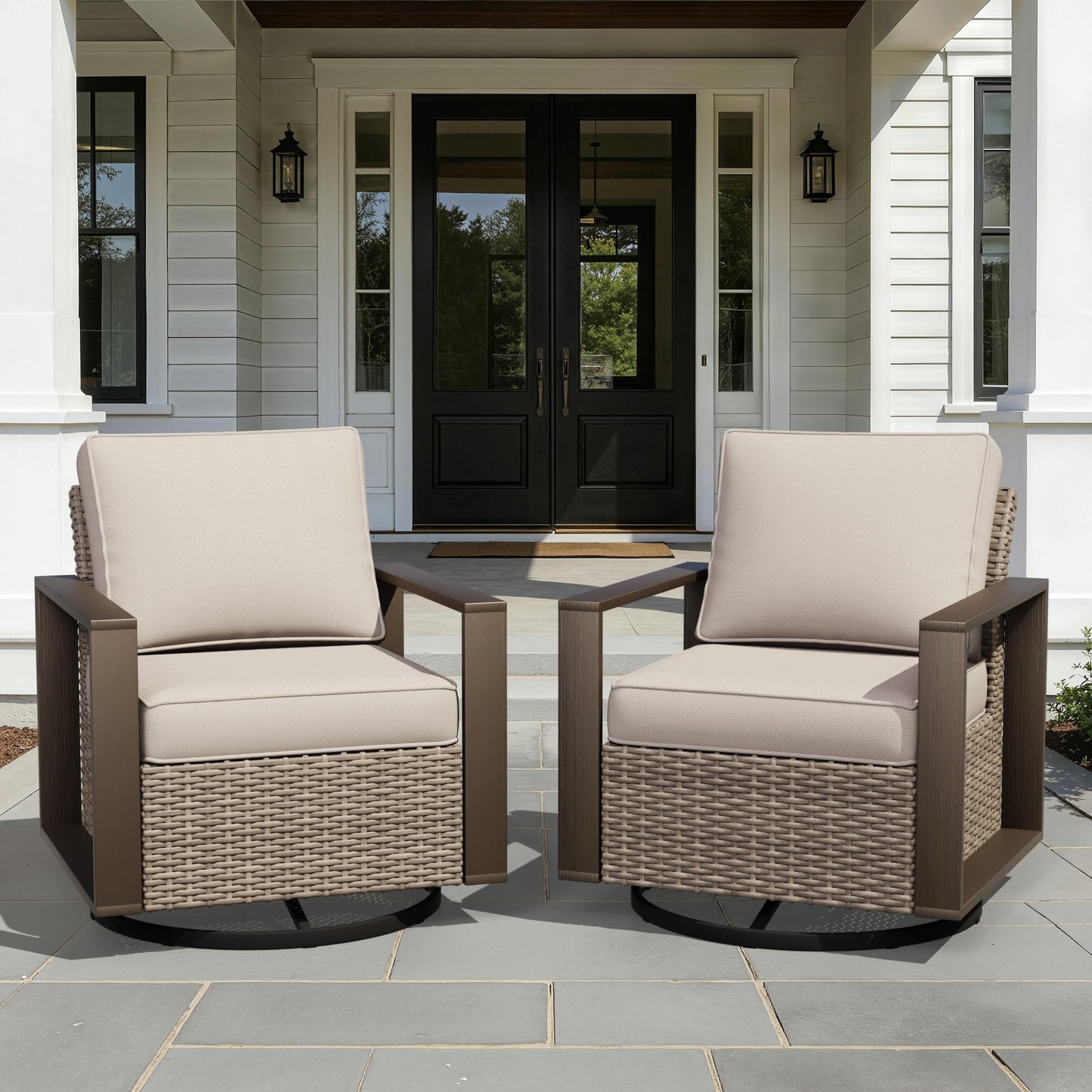 Joyside Outdoor Patio Swivel Rocker Chairs, 3 Pieces Wicker Furniture Set, 2 Swivel Rocking Chairs and 1 Table, Metal Wide Armrest, Thick Cushions and Deep Seating for Garden, Backyard, Porch, Deck