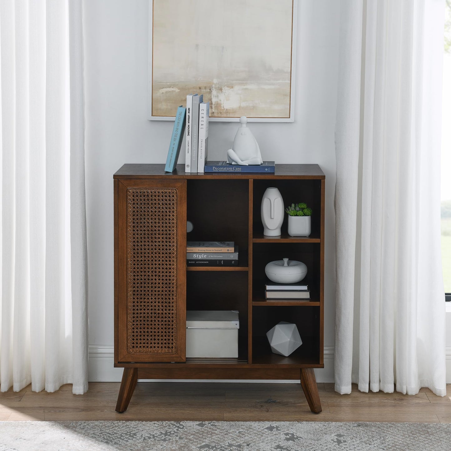 LKTART Mid Century Modern Storage Cabinet with Rattan Sliding Doors and Open Shelves, Boho Style Wooden Sideboard Buffet for Living Room,Dark Walnut