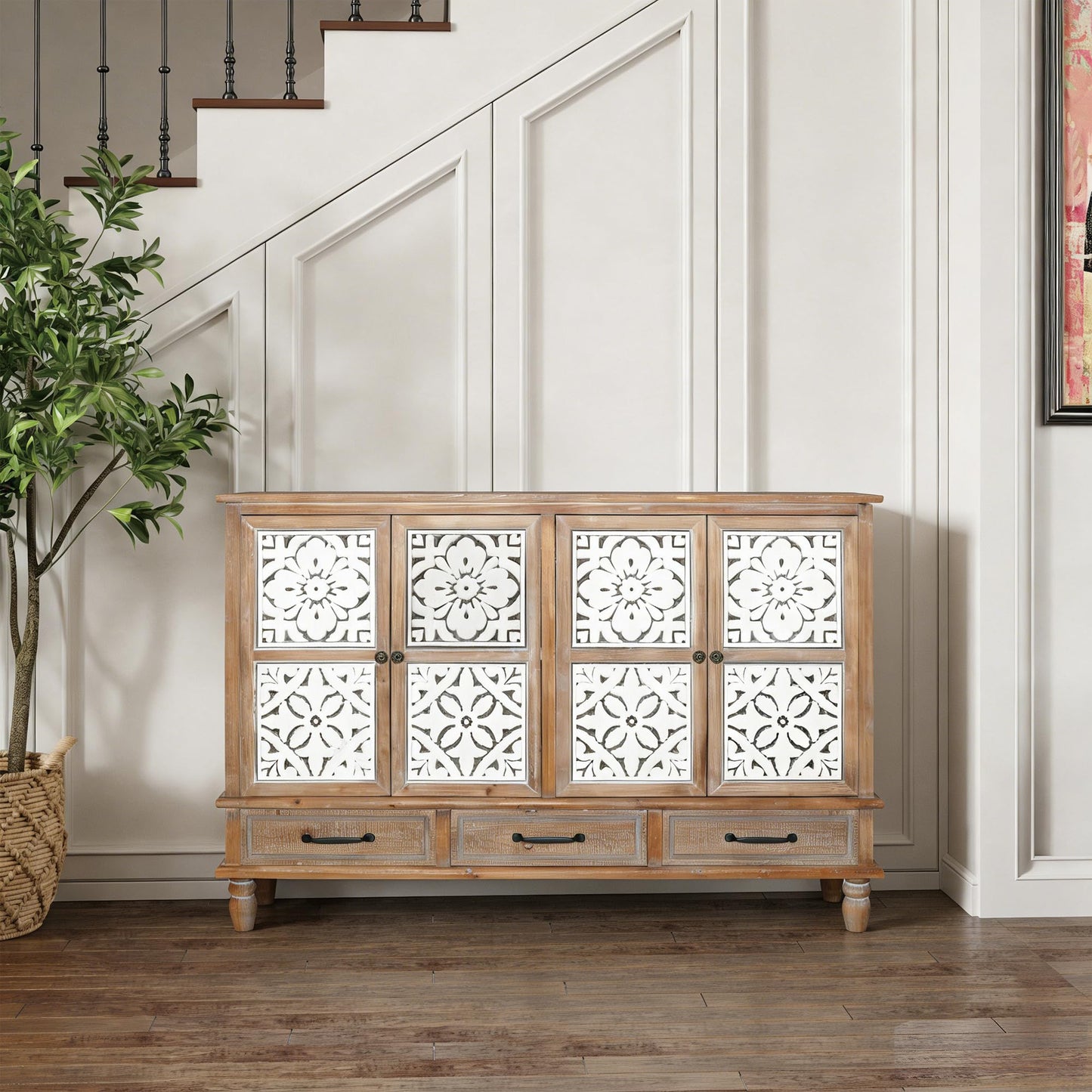 LKTART 60" Farmhouse Sideboard Buffet,Solid Fir Wood Frame with Hollowed-Out Carved Doors,Hand-Distressed Design,Versatile Storage Cabinet for Kitchen, Living Room,Natural Wood
