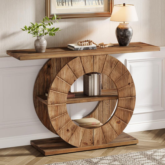 41" Solid Wood Console Table with Storage, Farmhouse Sofa Table with 3-Tier Shelves & Carved Circle Base for Living Room, Hallway, Foyer, Rustic Brown