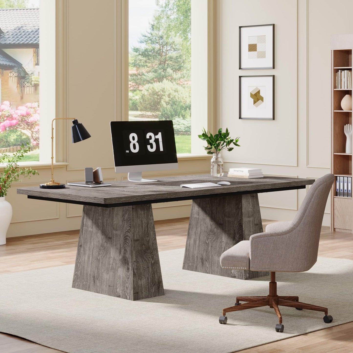 Tribesigns 63-Inch Executive Desk, Large Office Computer Desk with Double Pedestal, Modern Simple Workstations Writing Table Conference Table Business Furniture for Home Office, Light Brown