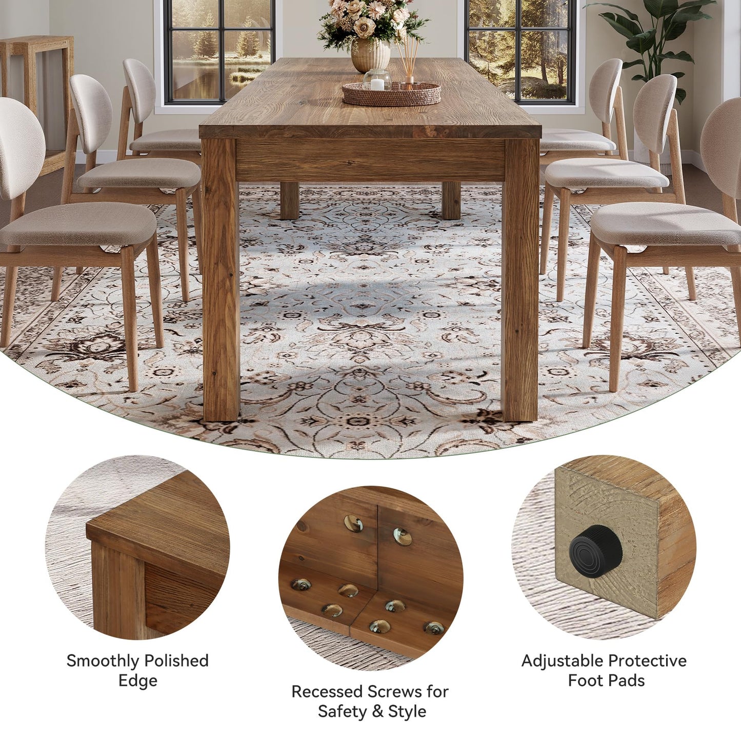 78.7" Large Dining Table for 6 8 10, Solid Wood Rustic Kitchen Table, Modern Farmhouse Rectangular Dining Desk for Kitchen, Living Room, Wood Brown