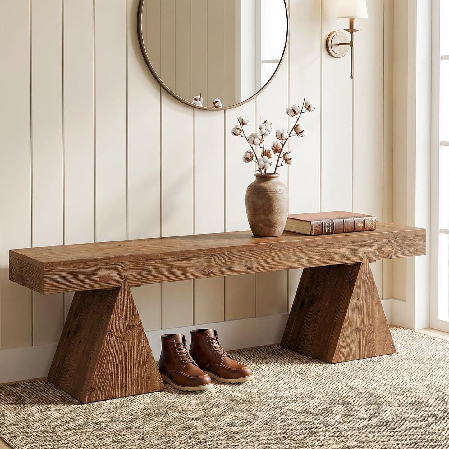 Solid Wood Bench-63 Rustic Indoor End of Bed Bench, Farmhouse Entryway Benches with Triangle Base for Bedroom, Hallway, Kitchen (Rustic Brown)